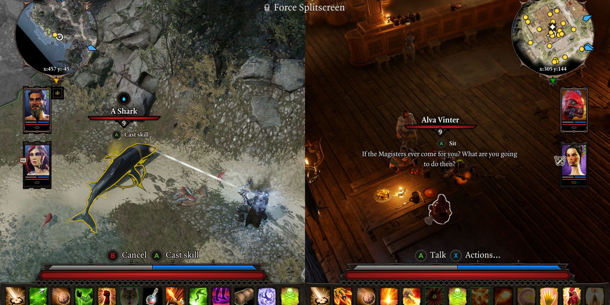 Divinity Original Sin 2 split-screen screenshot. On the left side, someone is attacking a shark, while the right side shows someone talking at a bar.