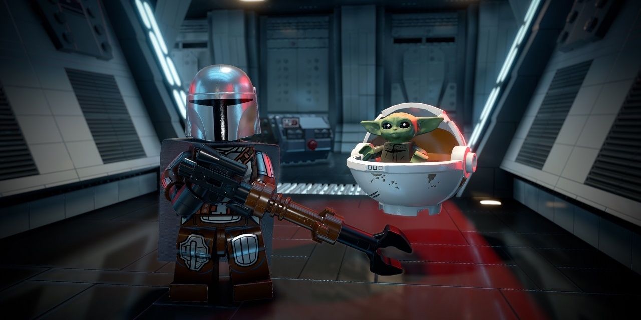 Mando and Grogu next to each other in Lego Star Wars Skywalker Saga.