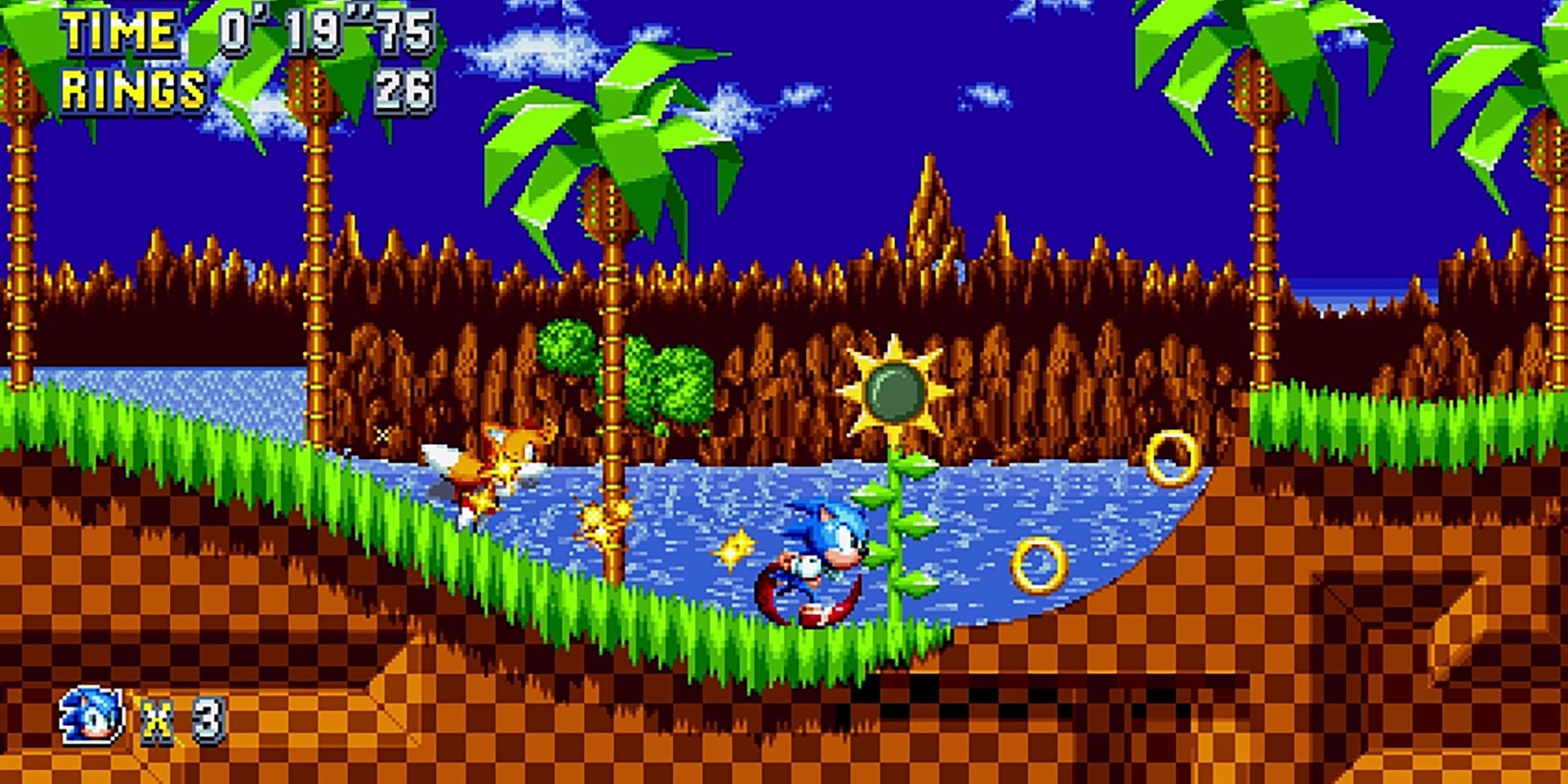 Sonic Mania screenshot of Sonic running towards hill.