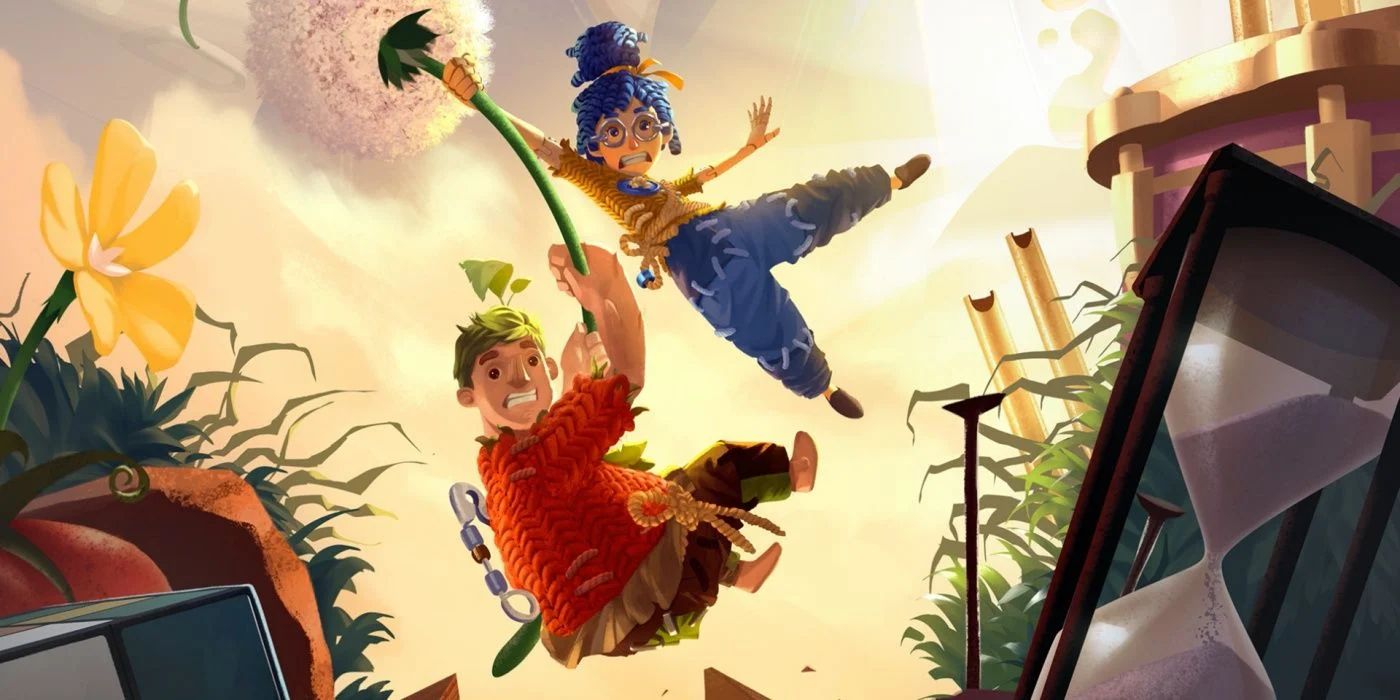 A screenshot showing Cody and May floating on a dandelion in It Takes Two.