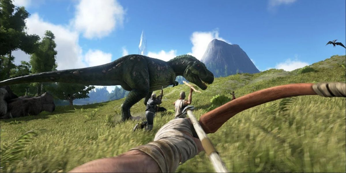 A player attacking a dinosaur with bow and arrow in a grassy field.