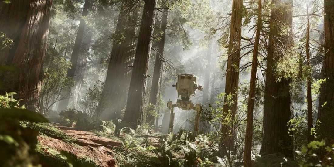 Screenshot of an AT-ST stomping through an Endor forest in Star Wars Battlefront 2.