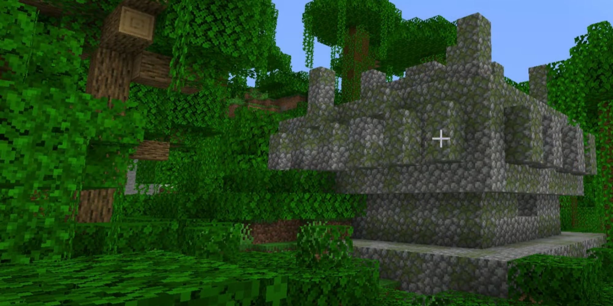 A screenshot showing a temple in a jungle in Minecraft.