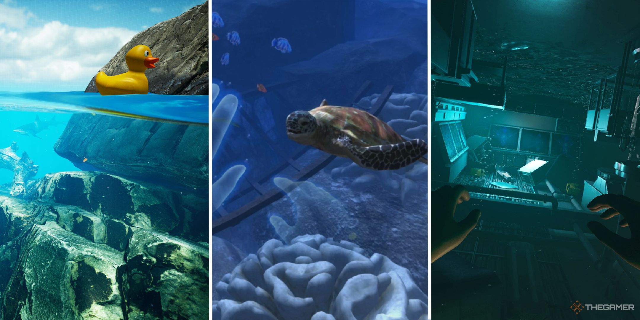 A split image showing three underwater VR games.