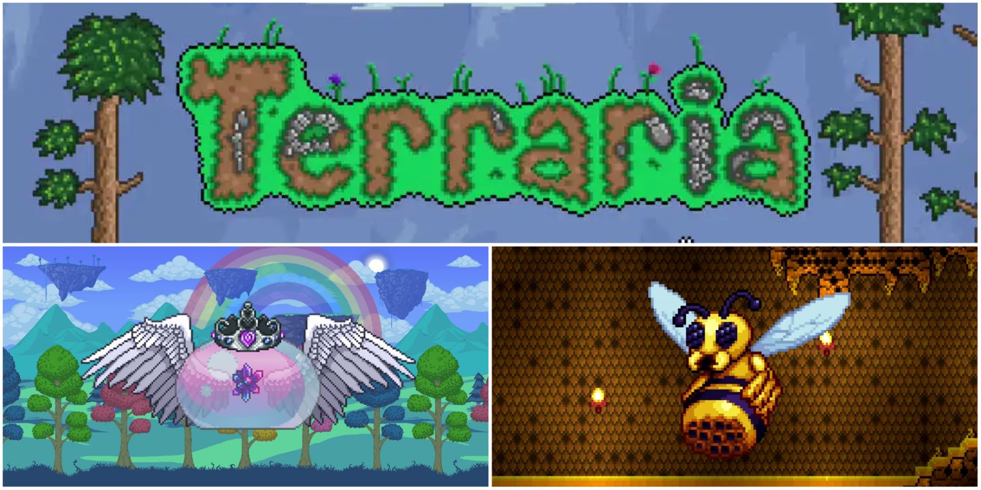 Terraria feature image, Queen Slime, Queen Bee