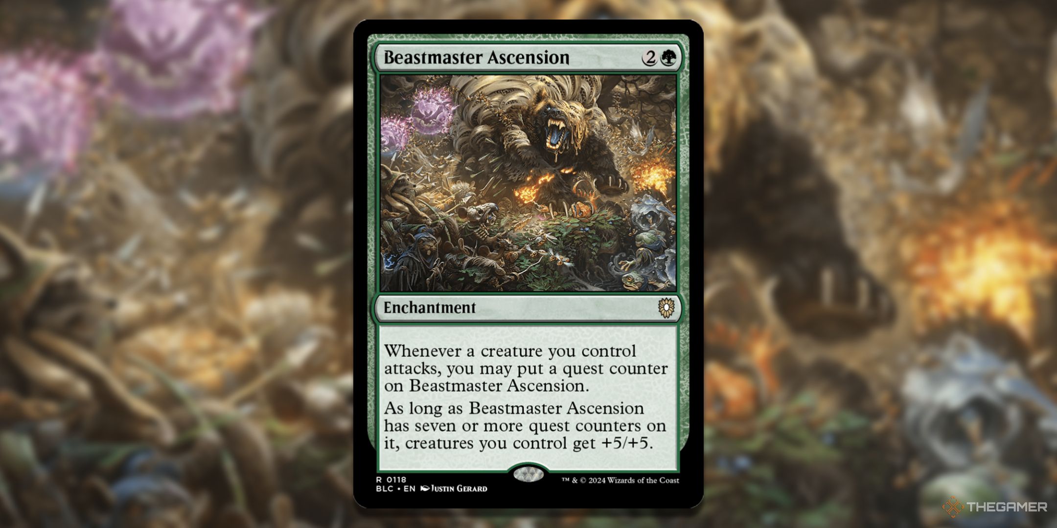MTG Beastmaster Ascension card with the art in the background.