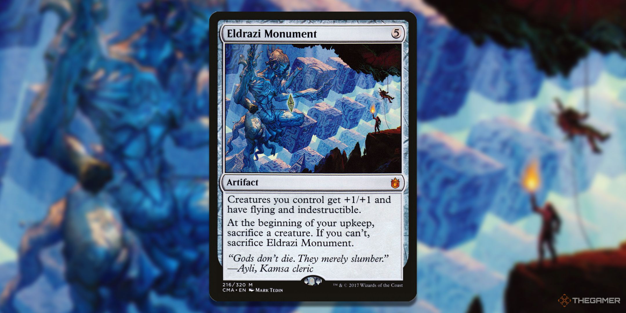 MTG Eldrazi Monument card with the art in the background.