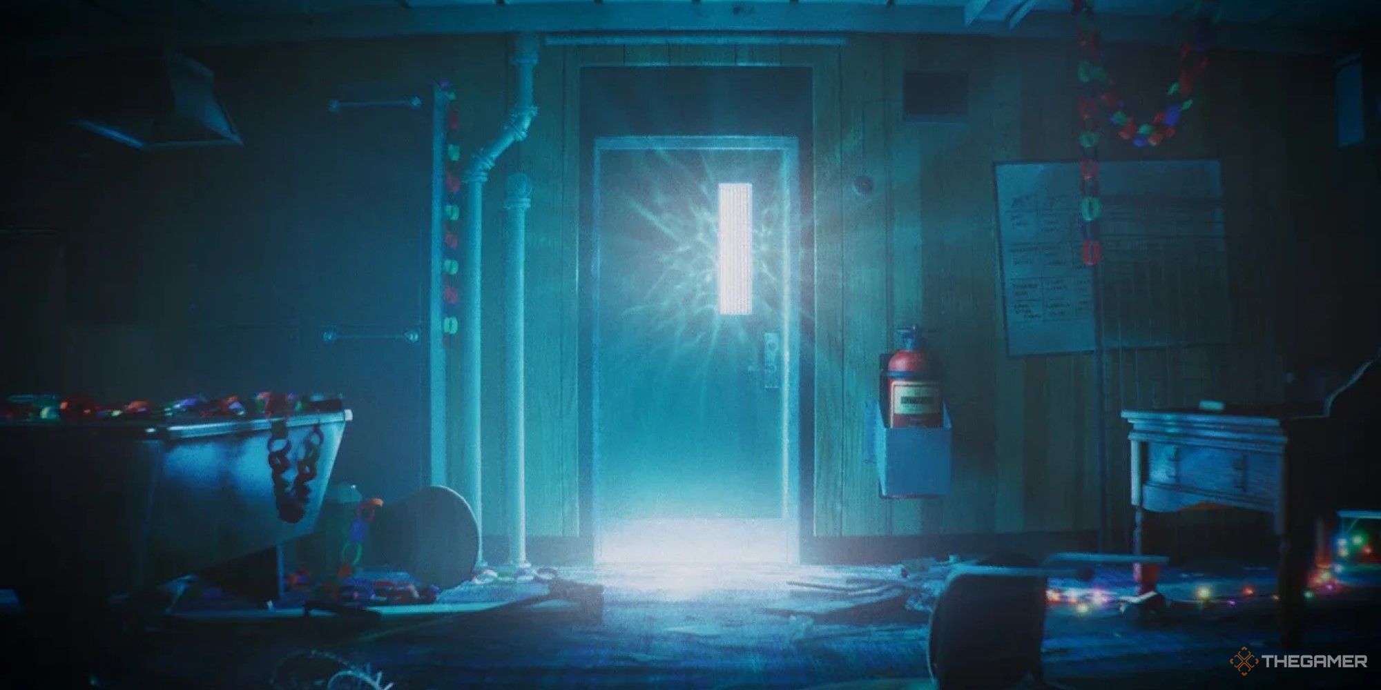 A screenshot from Still Wakes The Deep. A strange blue glow spills out through a doorway into a room cluttered with the remains of a party.