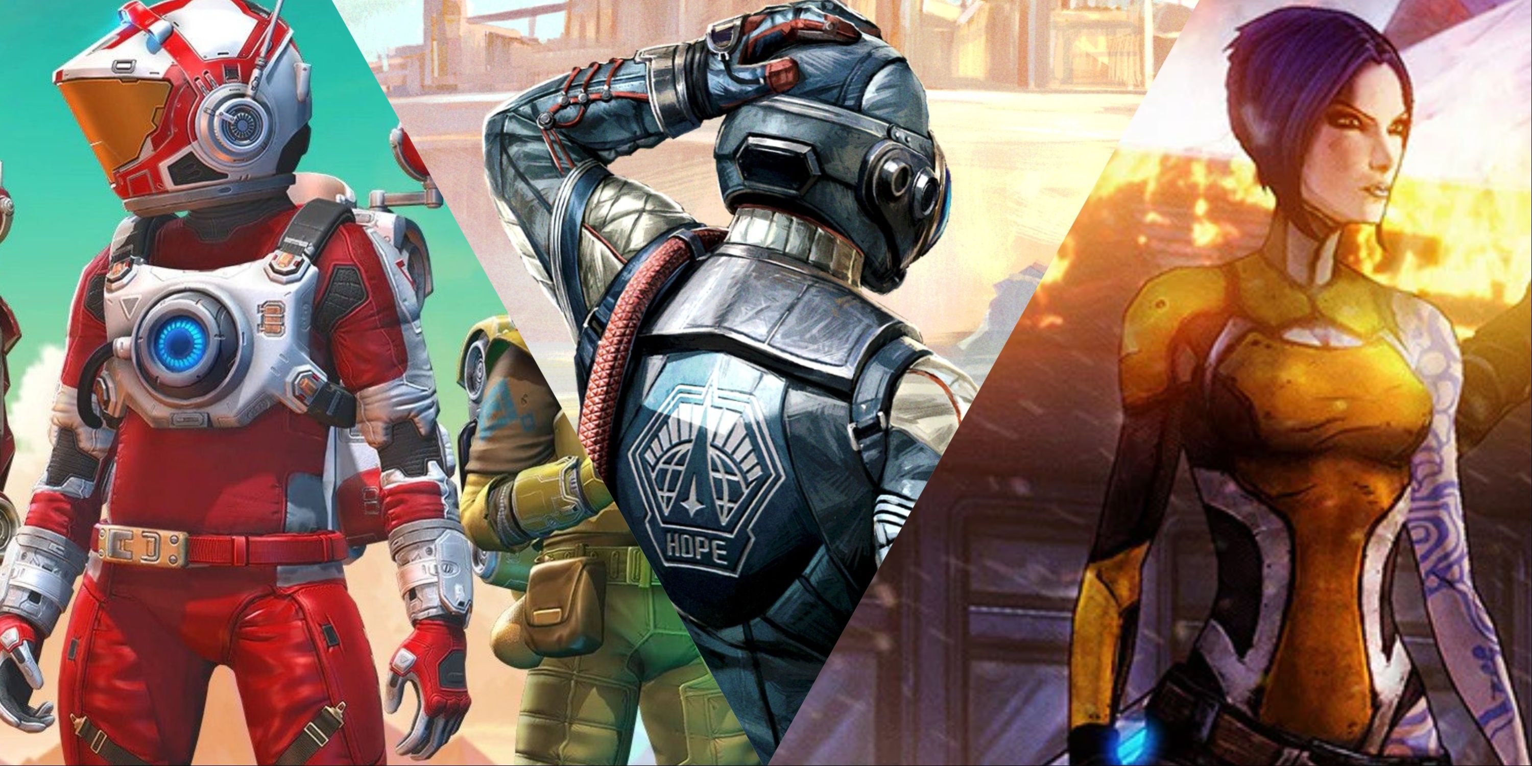 Split image of protagonists from No Man's Sky, The Outer Worlds, and Borderlands 2