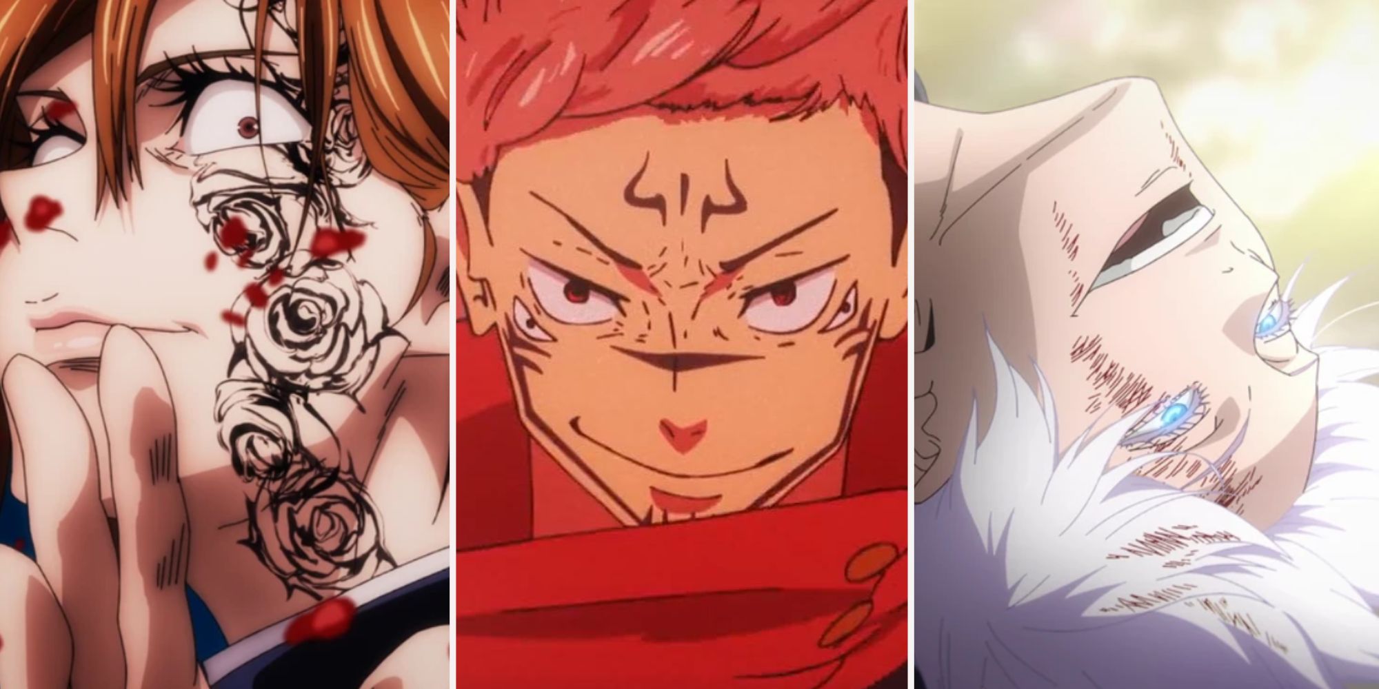 Close-ups of Nobara, Sukuna, and Gojo. 