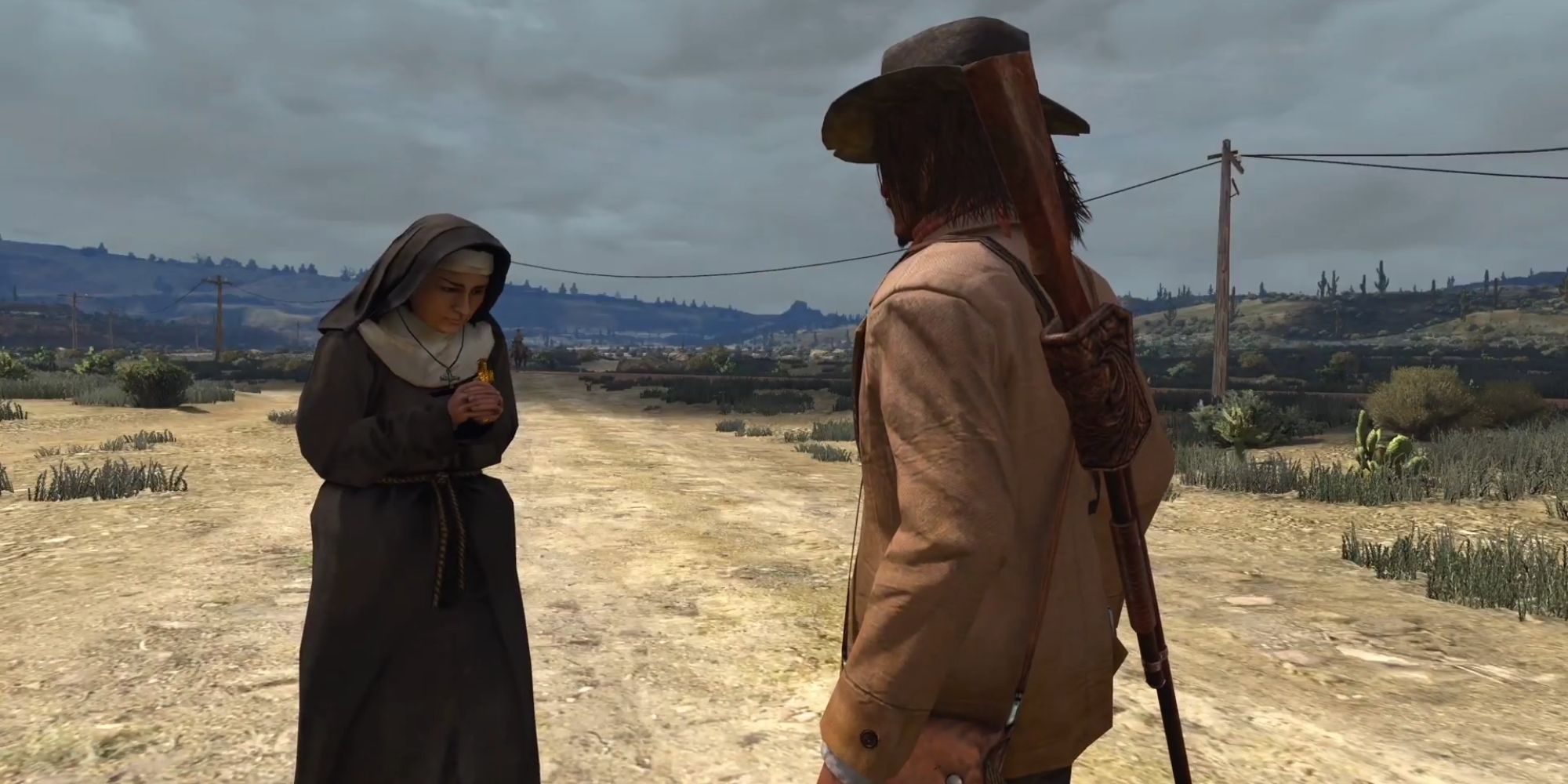 Nun offering Obscuridad del Santo Andres to John in Red Dead Redemption