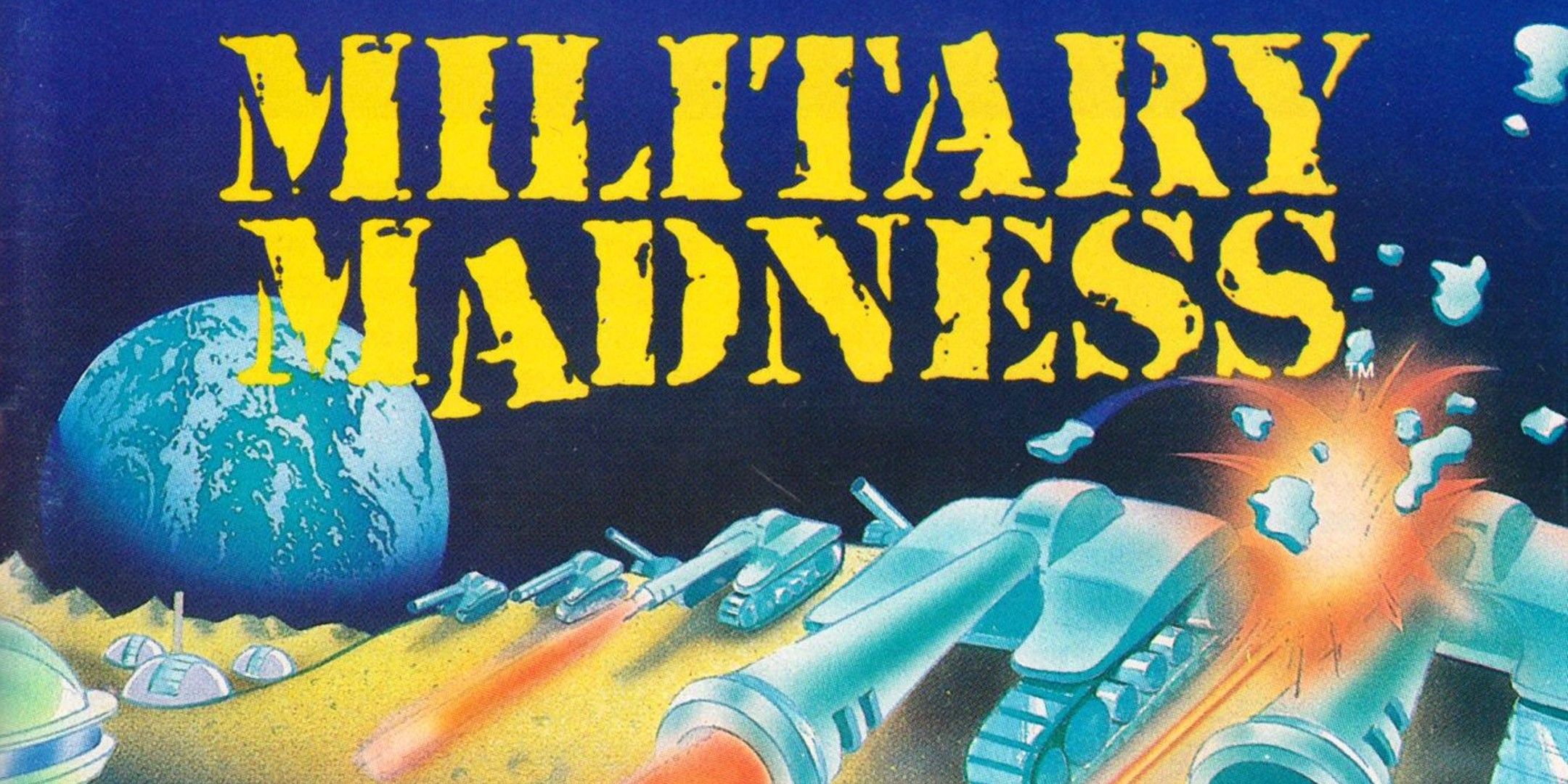 Spaceships fighting over planet Earth on the front cover of Military Madness.