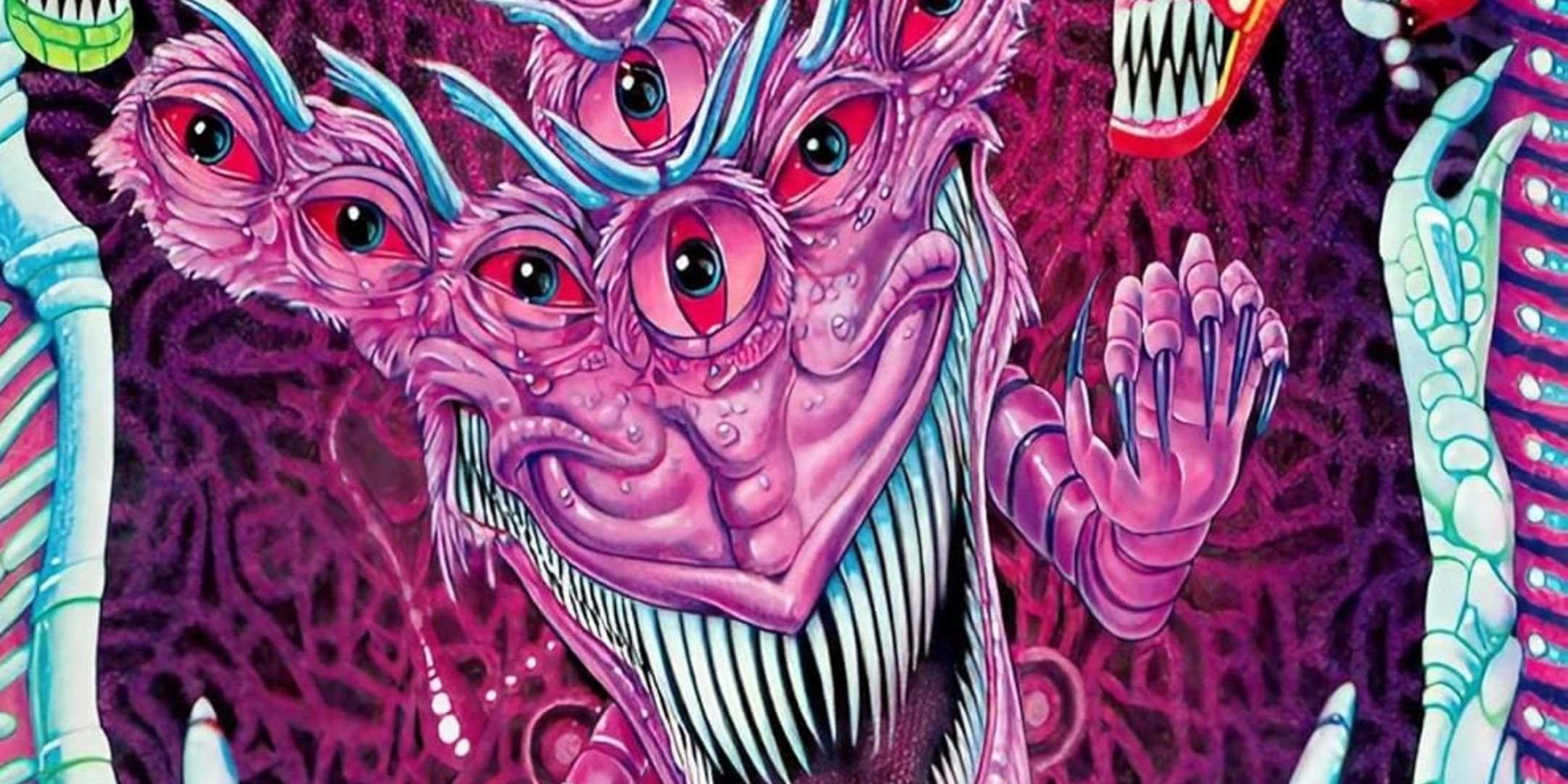 Multi-eyed pink alien on the front cover of Alien Crush.