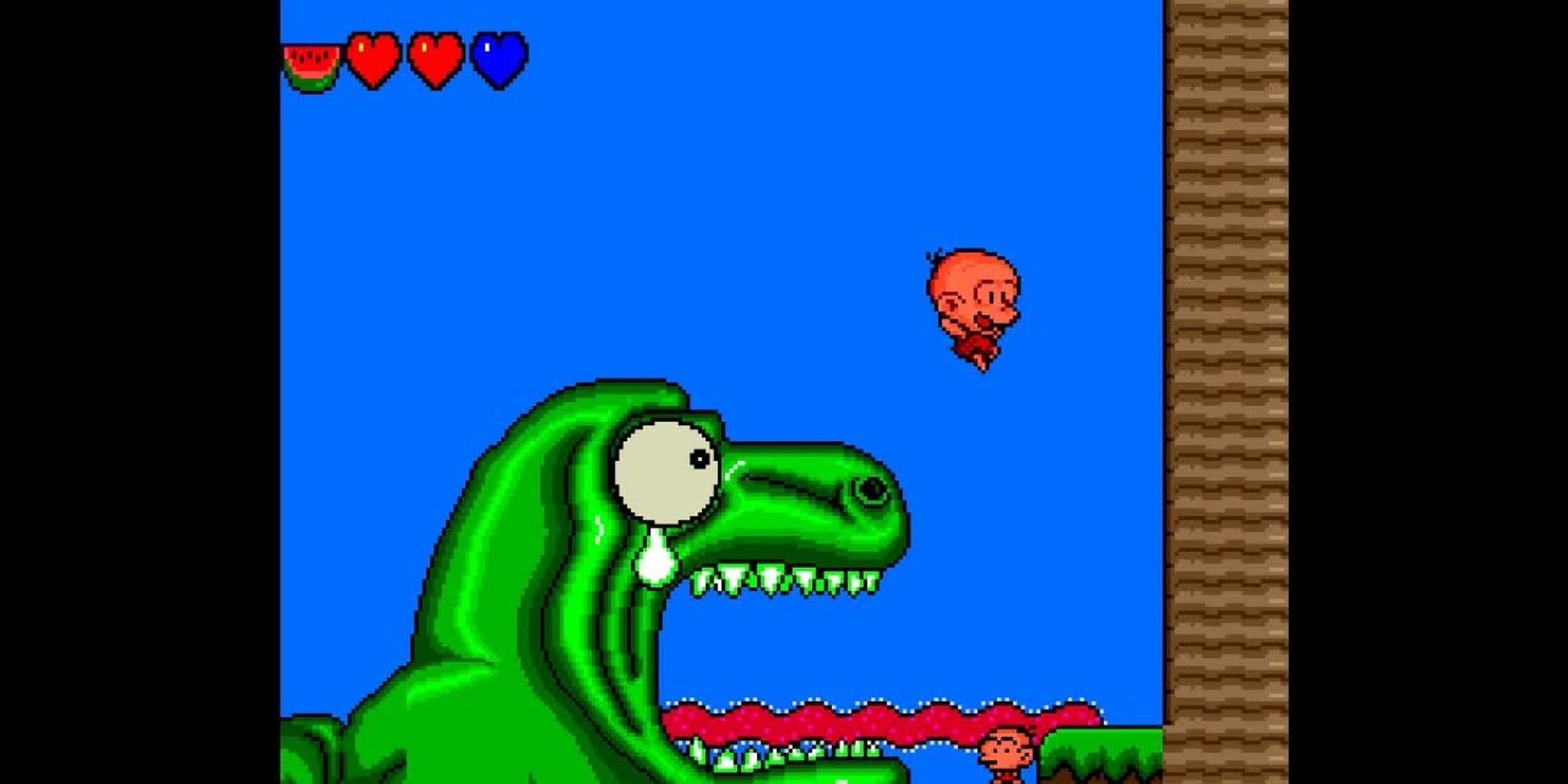 Bonk jumping over a Dinosaur with its tongue sticking out in Bonk's Adventure.