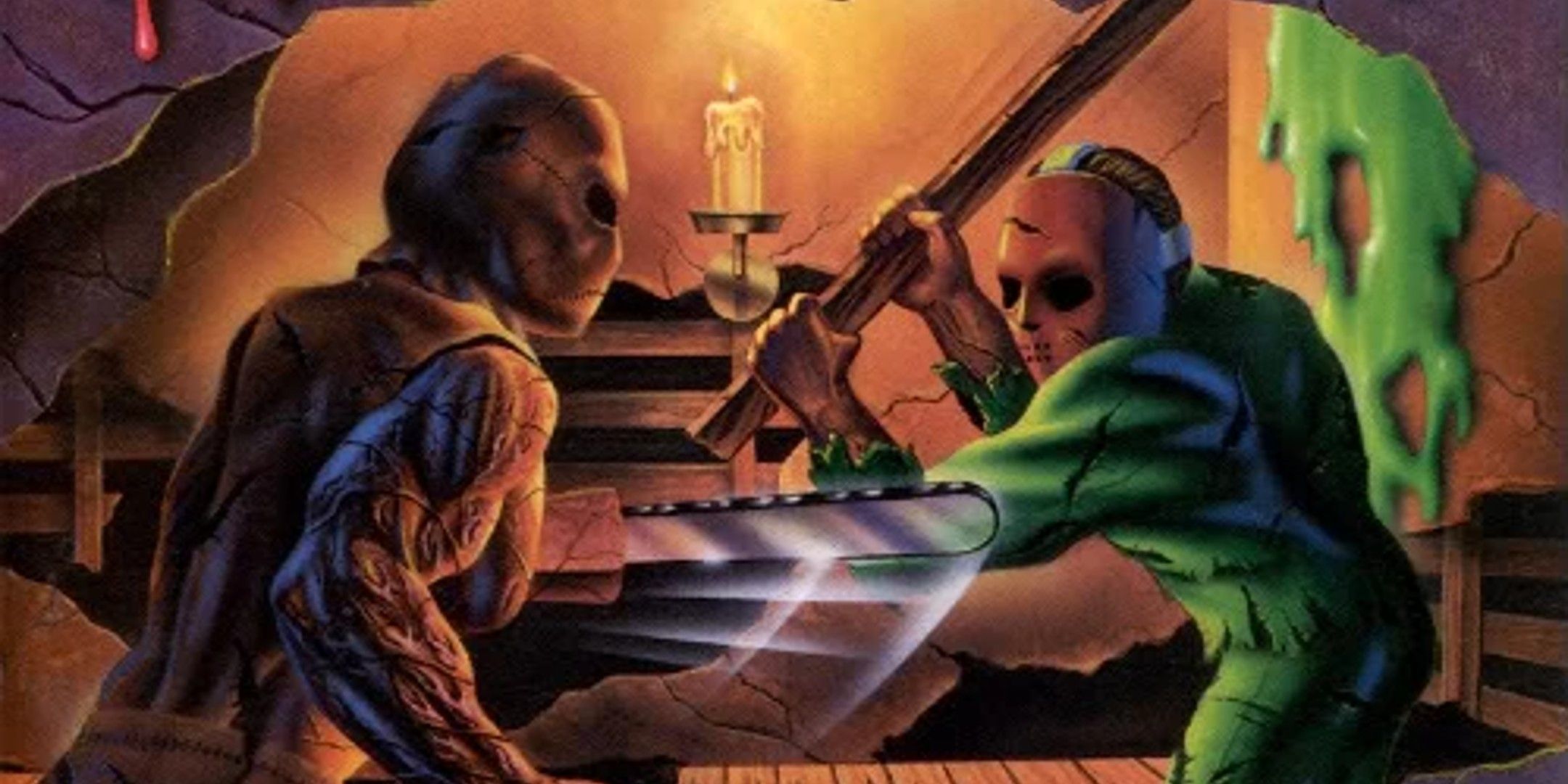 Two monsters fighting each other with chainsaws and a bat on the front cover of Splatterhouse.