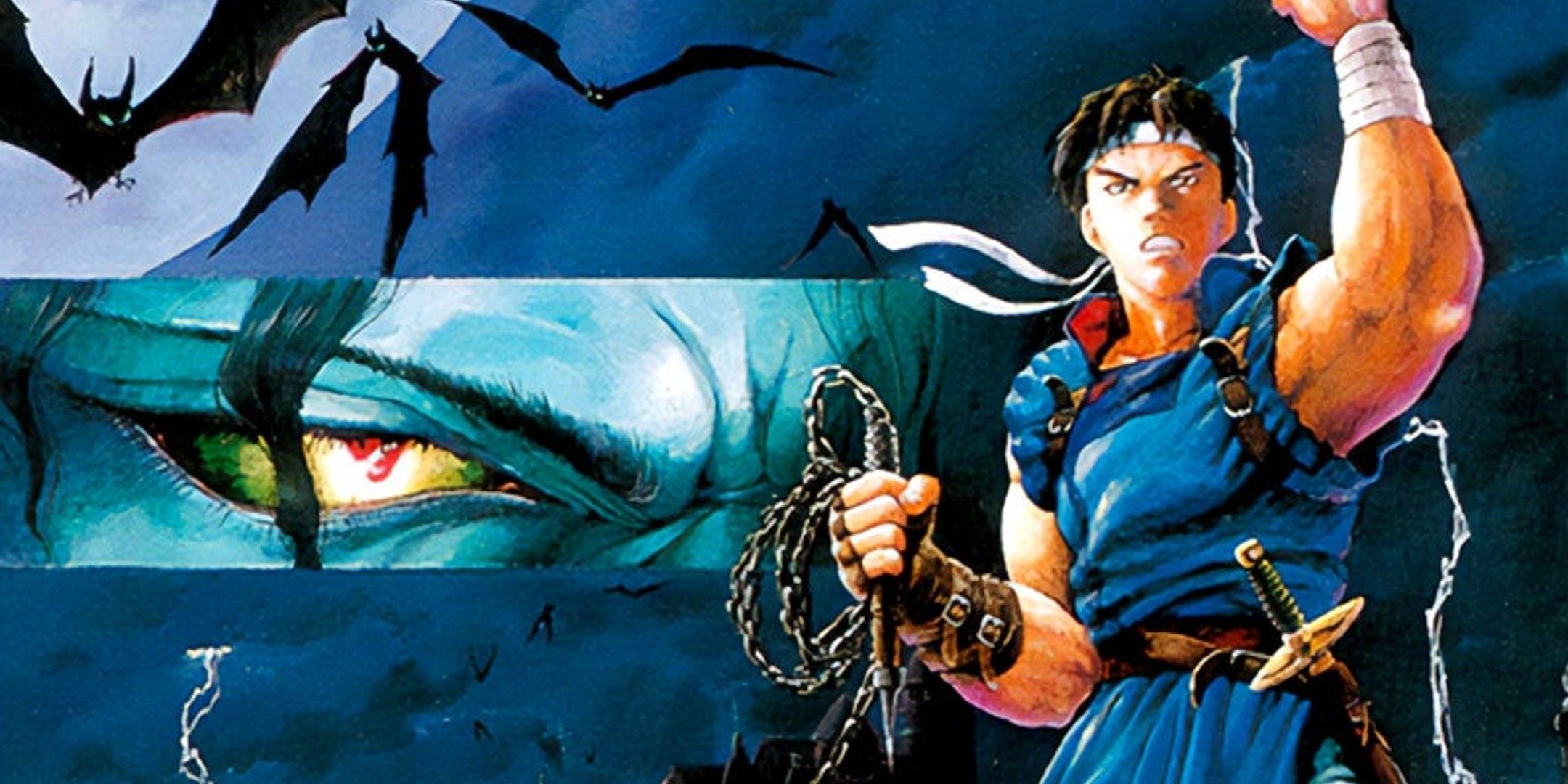 Richter Belmont holding a whip with Dracula's eyes behind him on the cover of Castlevania: Rondo of Blood.