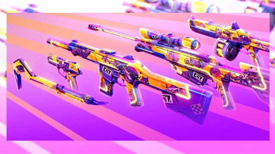 The Valorant Daydreams skin set, with a summery, purple and yellow aesthetic, decorated with flowers.