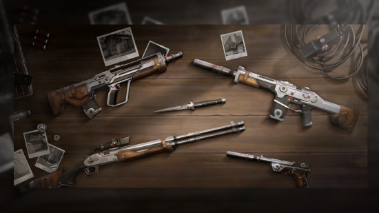 A collection of wooden and metal guns laid out on a table to showcase the Valorant skin collection Aperture.