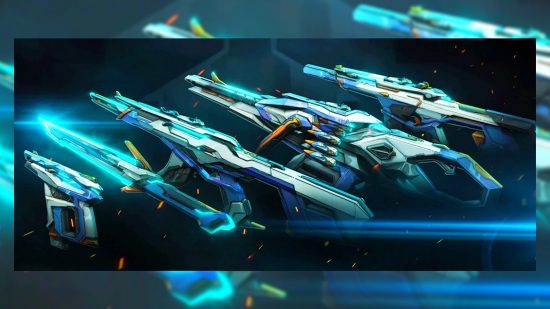 A series of blue-green cel shaded Valorant weapon skins.