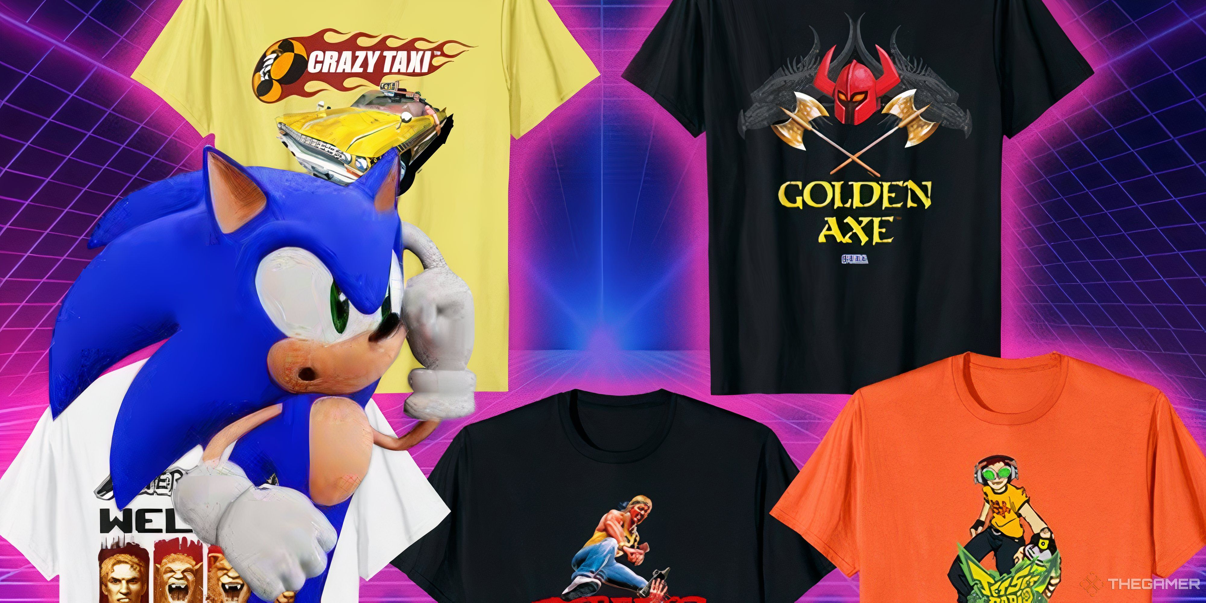 sonic scratching his head in front of crazy taxi and golden axe t-shirts.