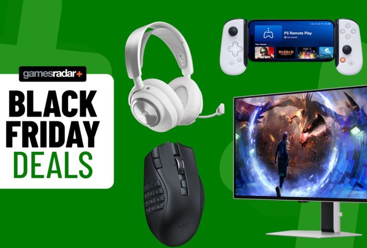 SteelSeries Arctis Nova Pro Wireless, Backbone One, Razer Naga V2, and Samsung Odyssey gaming monitor on a green background with Black Friday deals badge