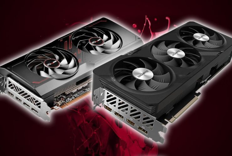 AMD Radeon RX 7800 XT Sapphire and Gigabyte models with red liquid backdrop