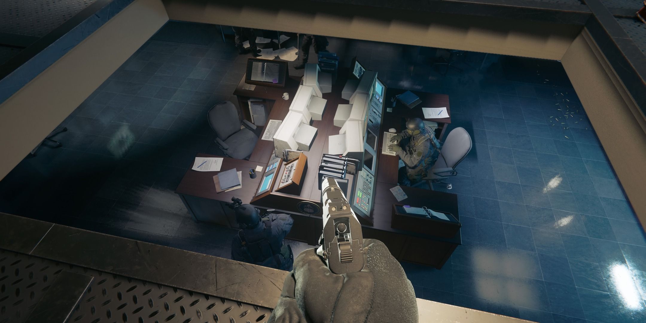 Case hiding above the ceiling, looking down at two pantheon agents in Call of Duty Black Ops 6.