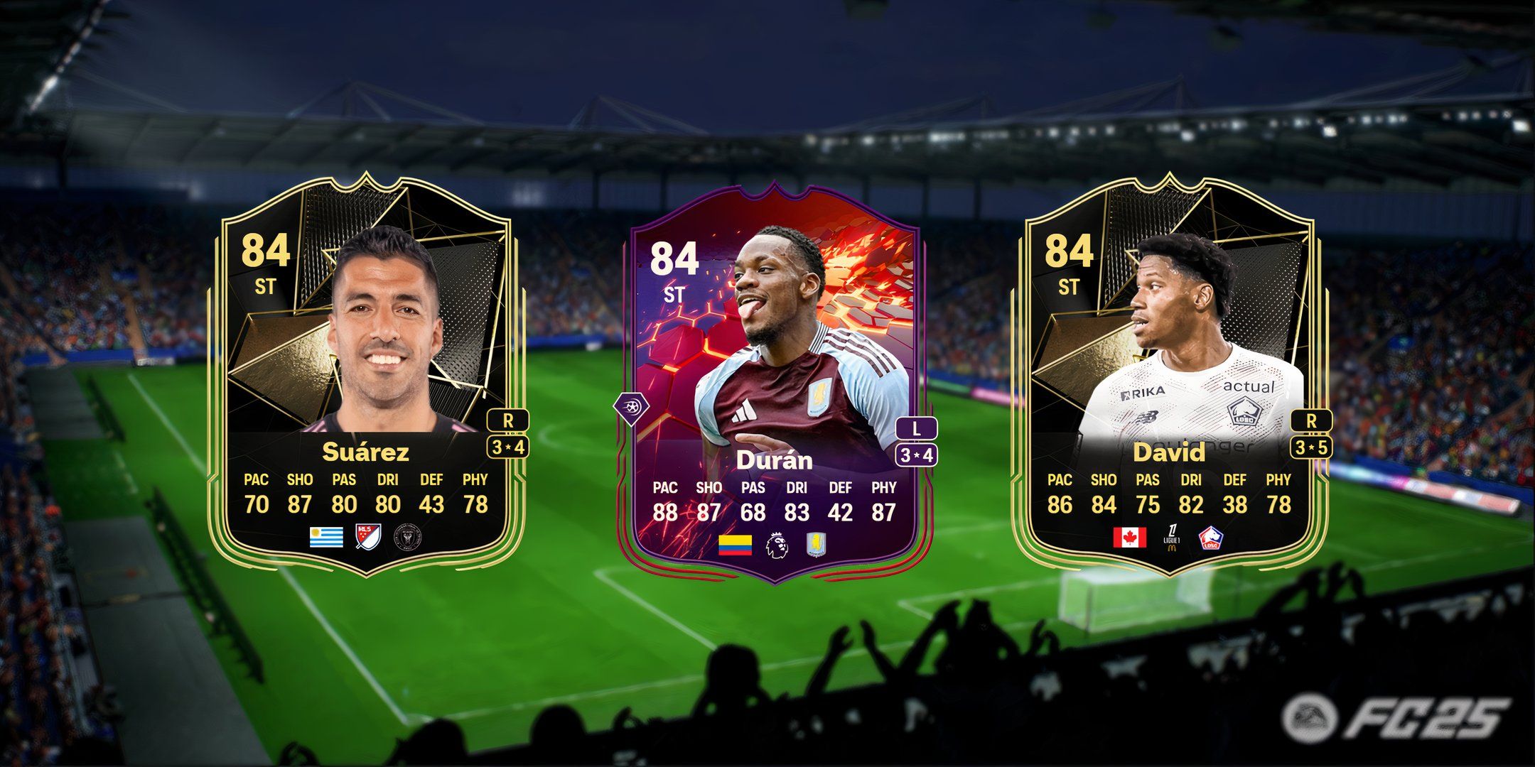 Suarez's, Duran's, and David's cards in EA Sports FC 25.