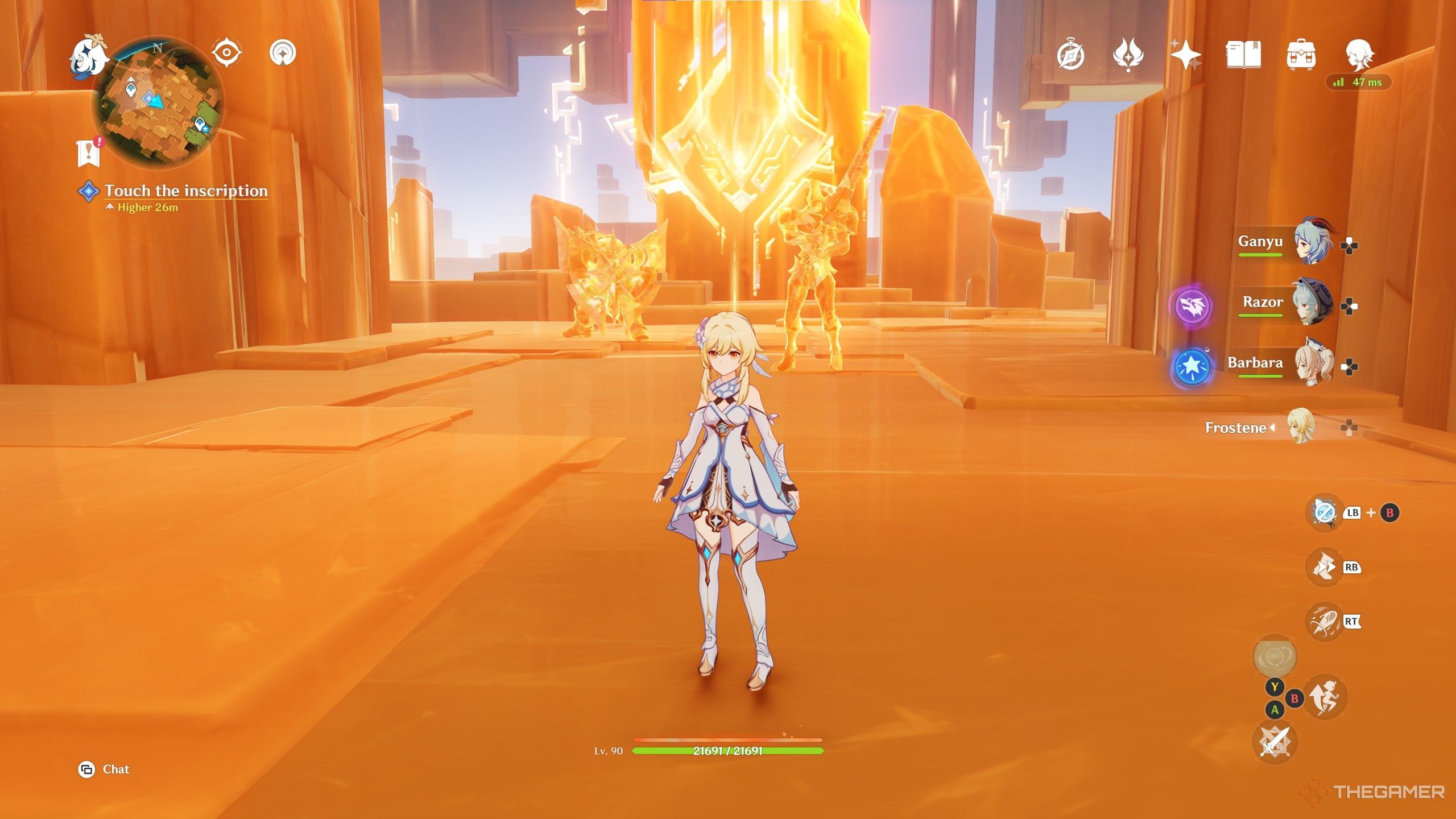 Genshin Impact traveler after discovering a new area in an underground cavern. Orange crystals of various sizes comprise the floor and walls of the area. In the distance two orange cystallized figured can be seen, along with another golden inscription rune. 