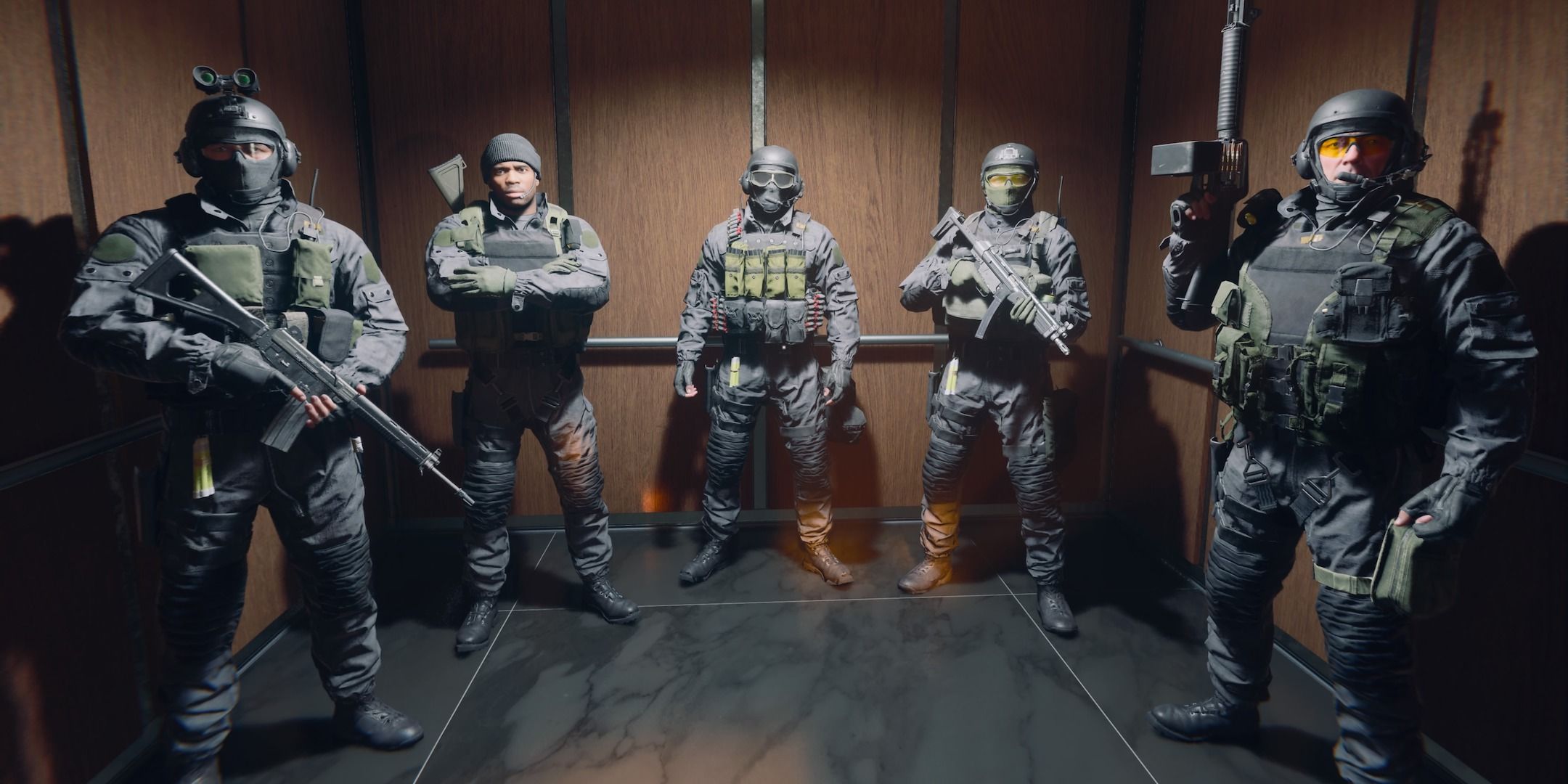 Pantheon Soldiers Standing in an elevator in Call of Duty: Black Ops 6.