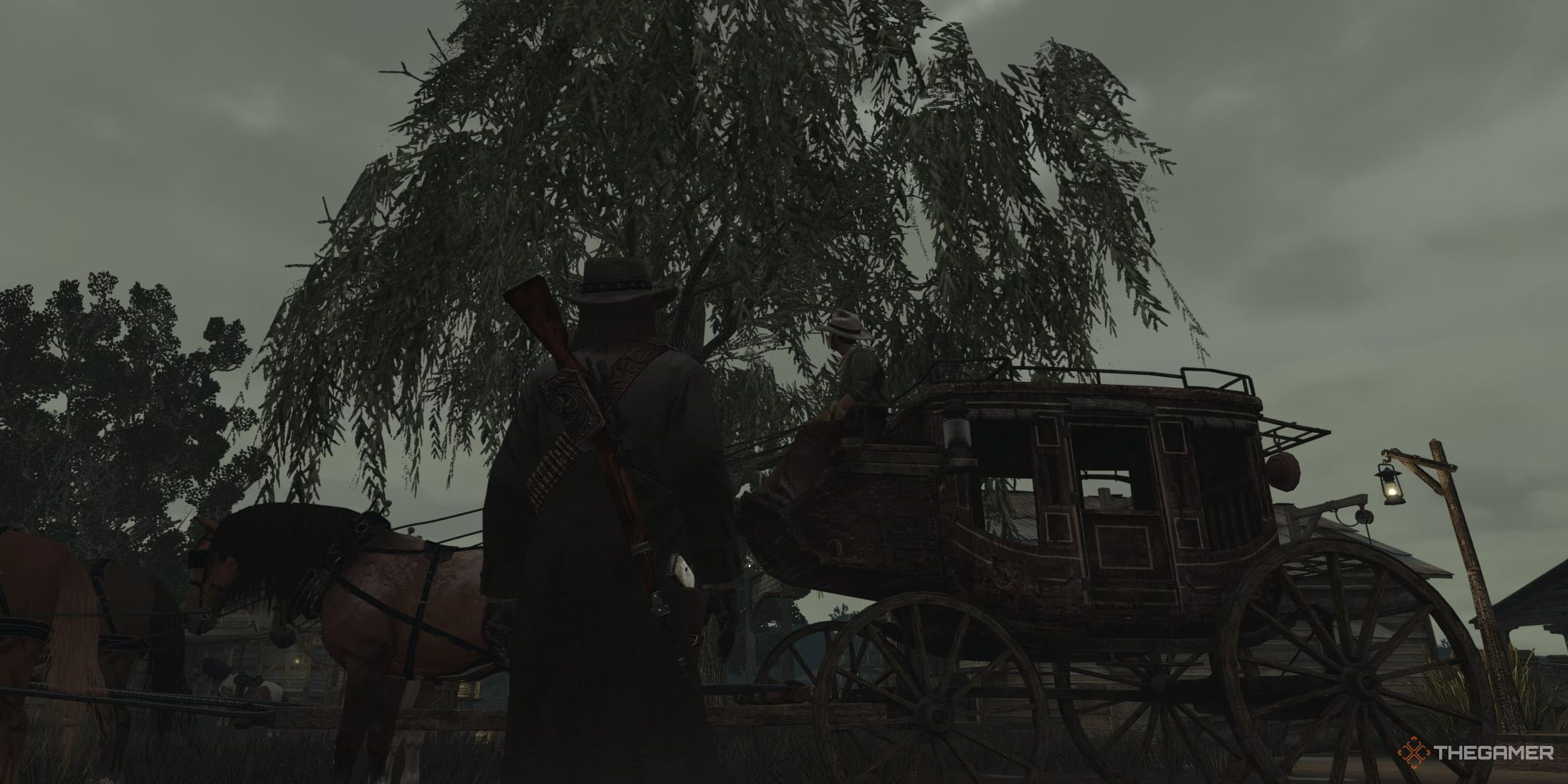 John standing in Thieves Landing to help a driver in Red Dead Redemption. 