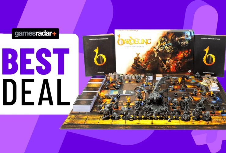 Bardsung box, instruction booklets, miniatures, components, and board laid out beside a 'best deal' badge, all against a purple background