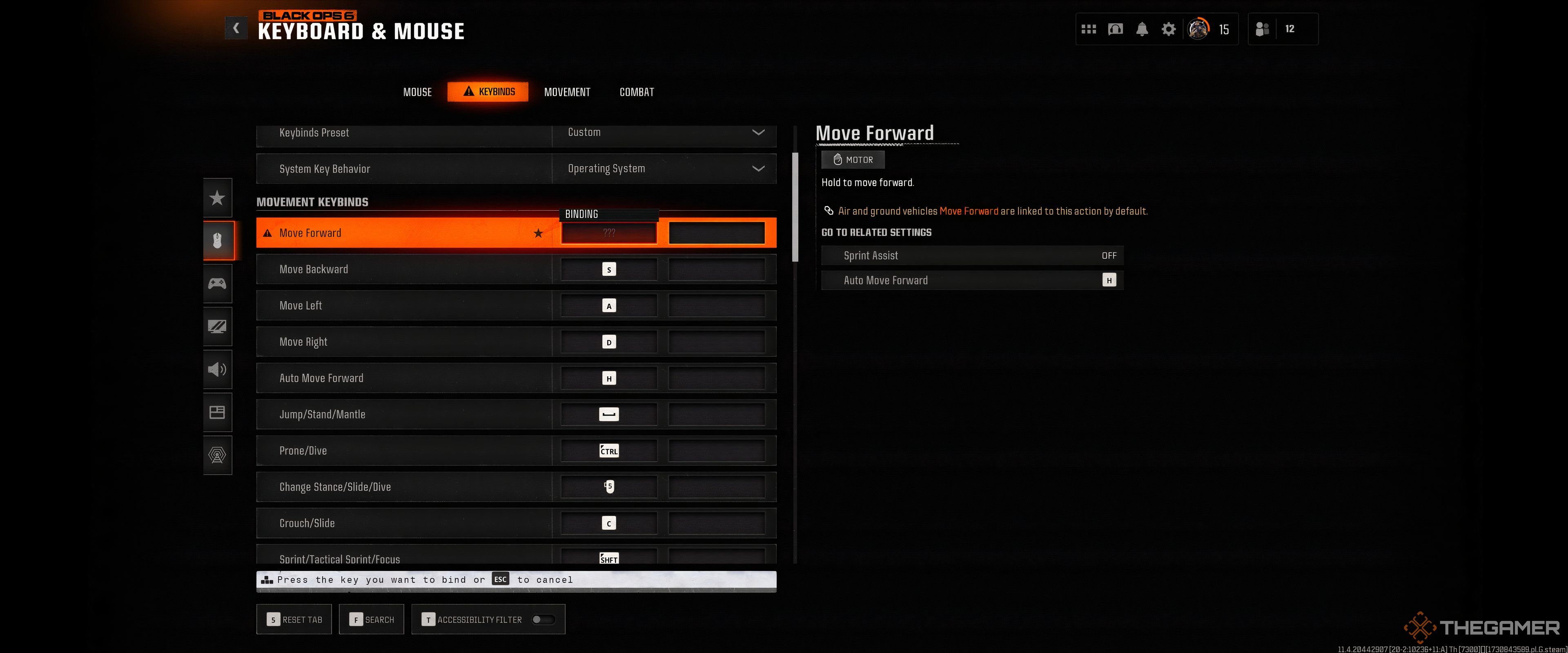 The keyboard button rebind menu in Call of Duty: Black Ops 6.