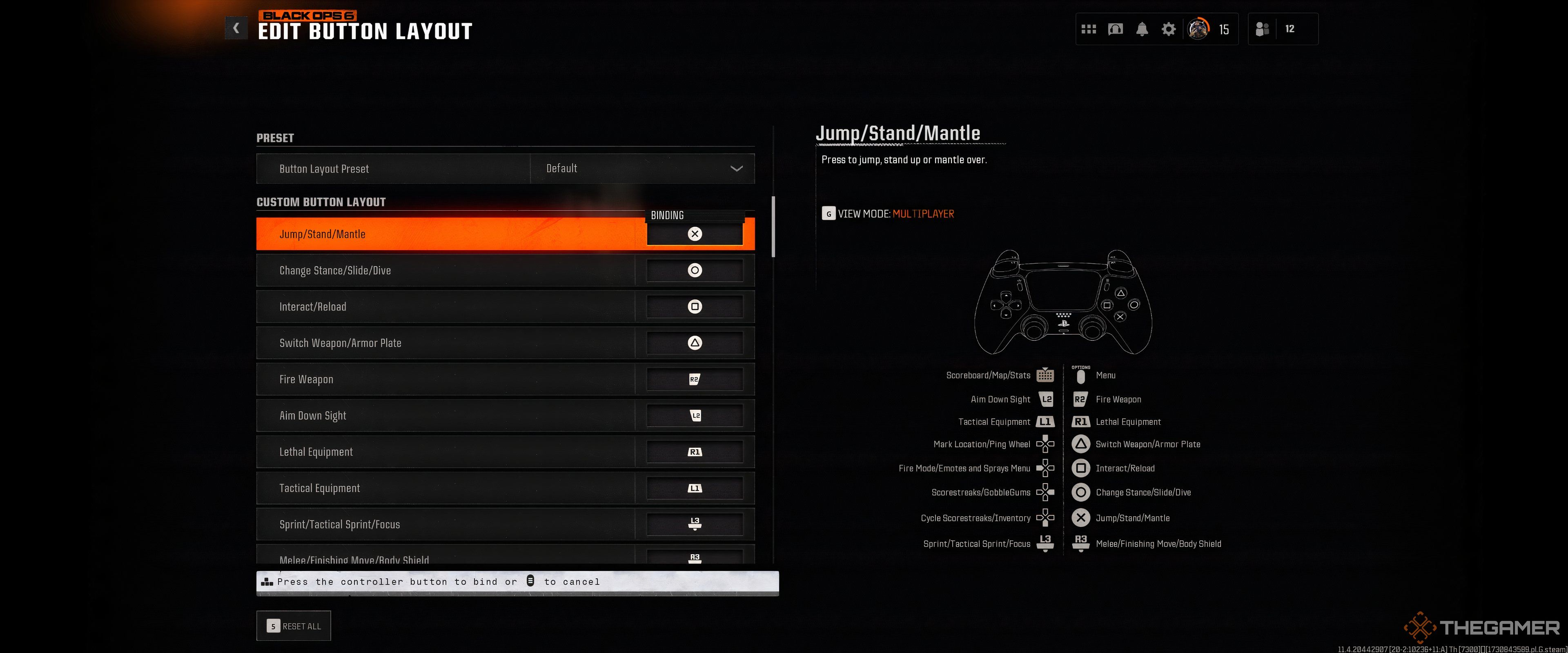 The controller button remapping menu in Call of Duty: Black Ops 6.