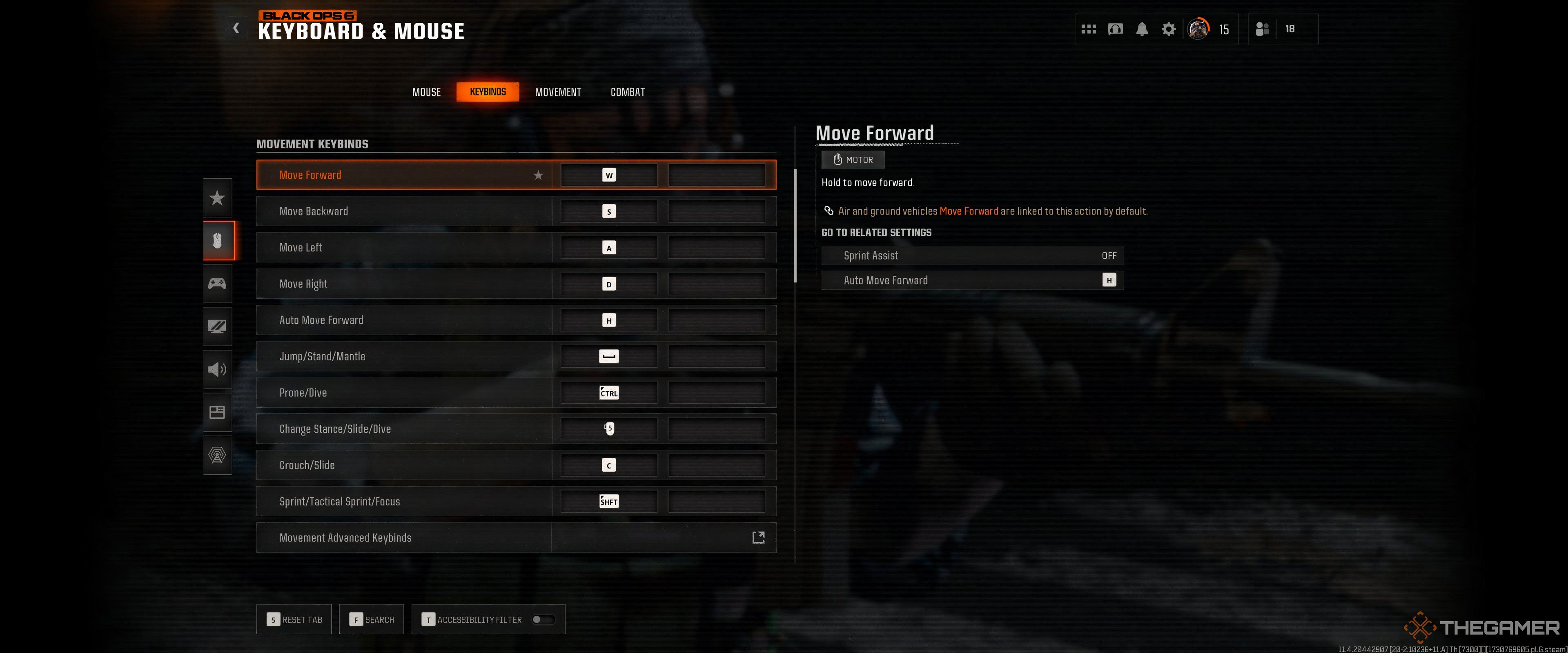 The keyboard and mouse keybind setup screen in Call Of Duty: Black Ops 6.