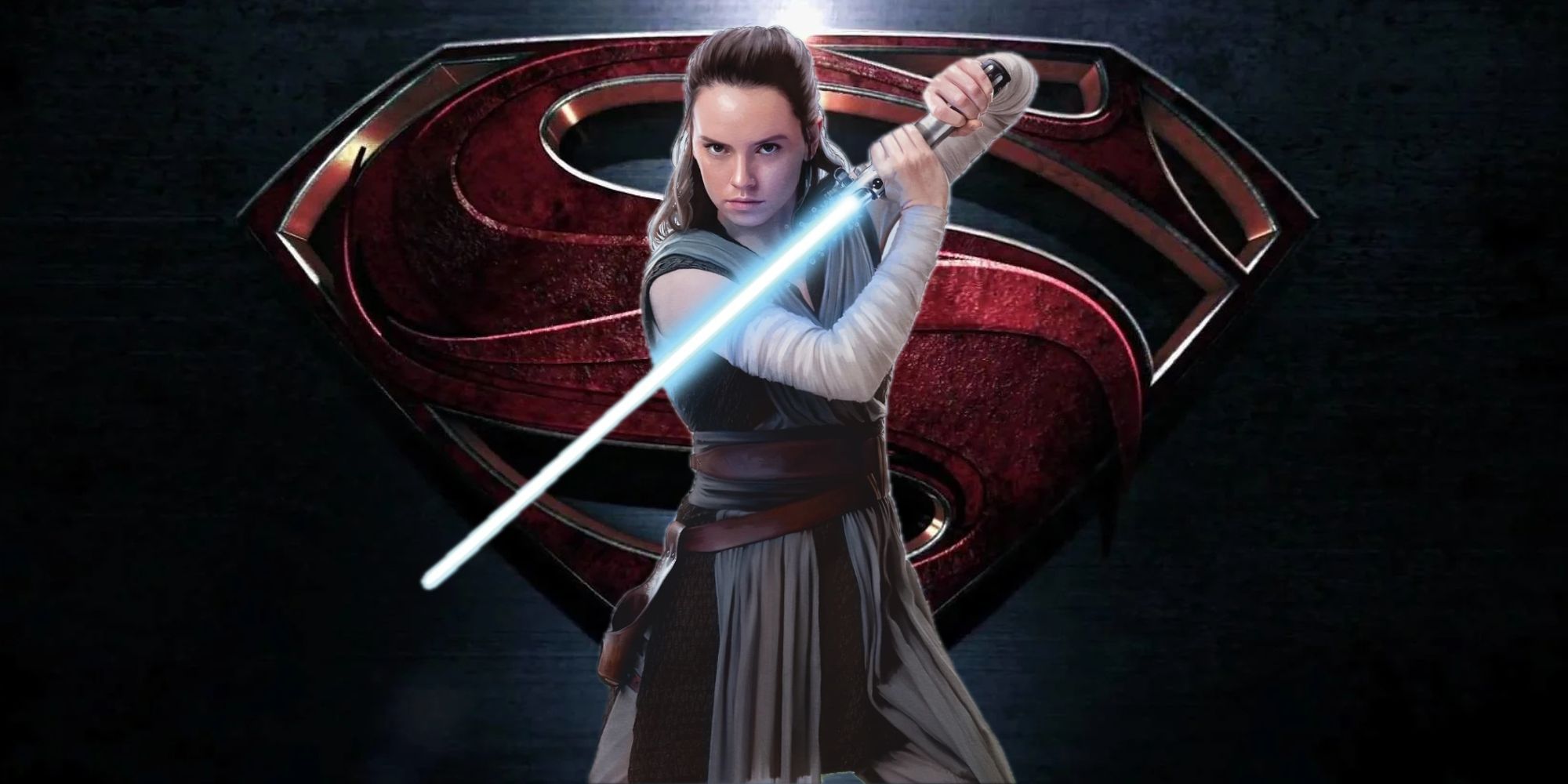 Daisy Ridley as Rey in front of Superman logo