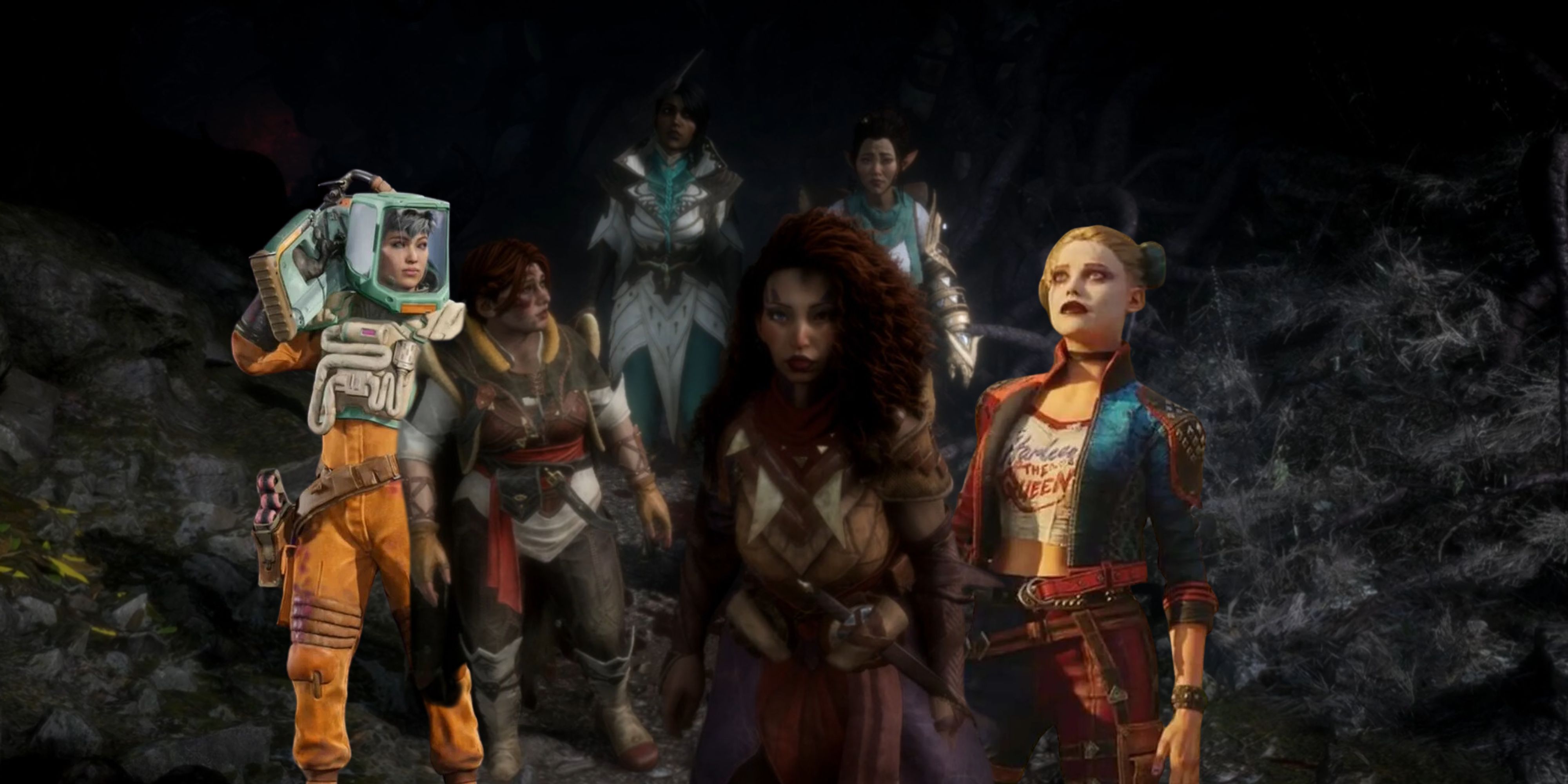 Concord and SSKTJL characters behind a Dragon Age The Veilguard party