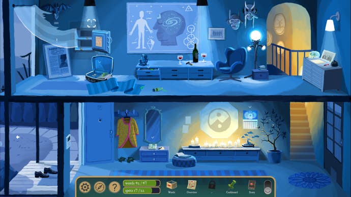 Two floors of an apartment at night in The Rise of the Golden Idol.