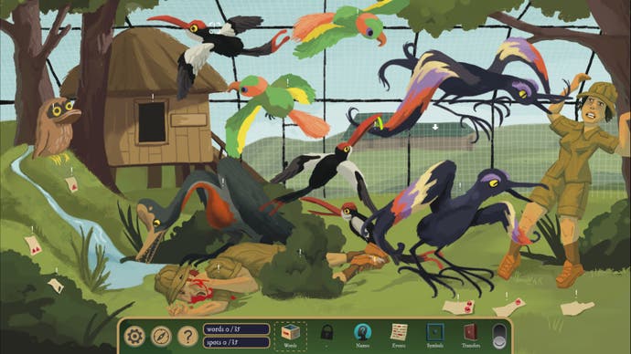 A man lies dead in an aviary full of colourful birds, while a woman screams in horror, in The Rise of the Golden Idol.