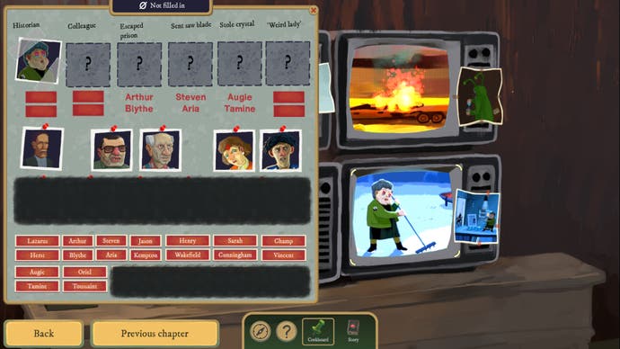 A puzzle board in front of TVs in The Rise of the Golden Idol.