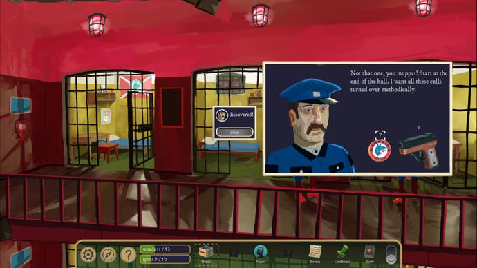 A prison officer berates a fellow colleague inside a red prison scene in The Rise of the Golden Idol.