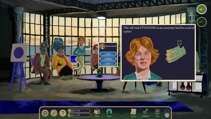 A woman rejoices that they've won an auction inside a TV studio in The Rise of the Golden Idol.