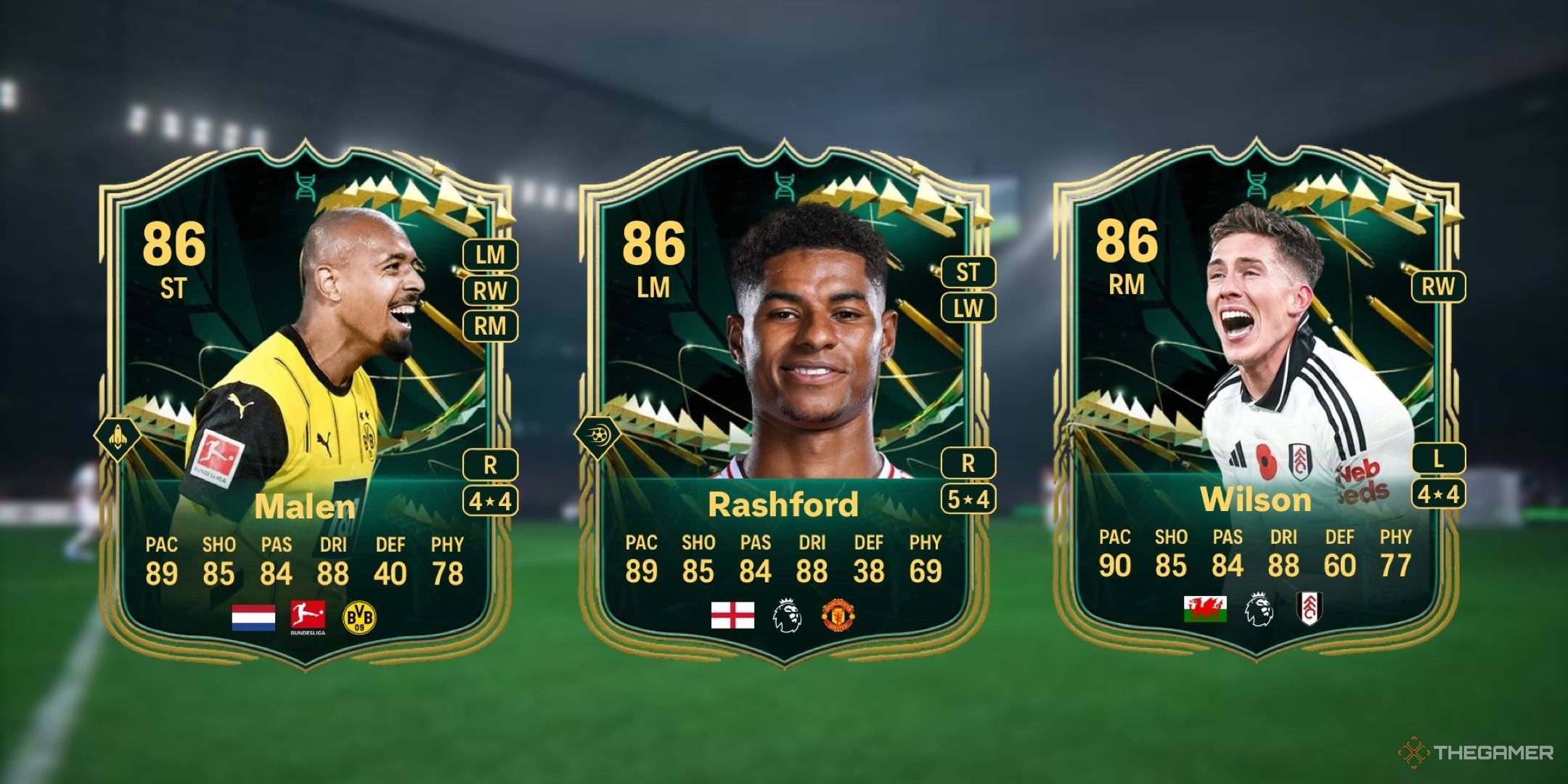 Image showing Malen, Rashford, and Wilson card against a faded pitch background.