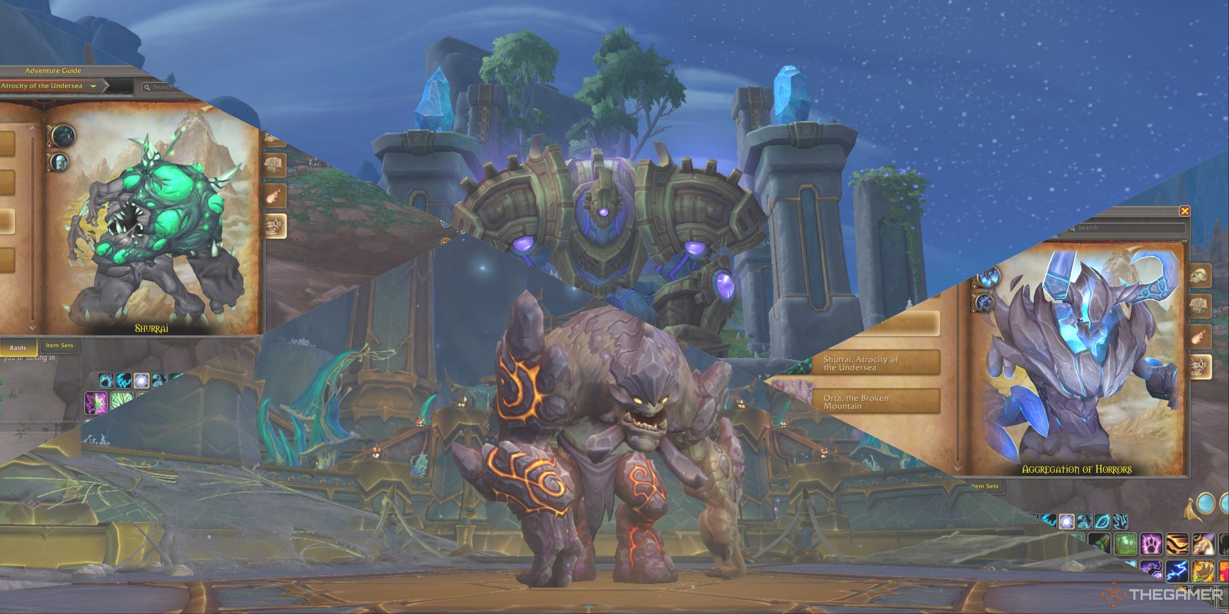 The world bosses of Khaz Algar, clockwise from the top: Kordac the Dormant Protector, Aggregation of Horrors, Orta the Broken Mountain, and Shurrai Atrocity of the Undersea.