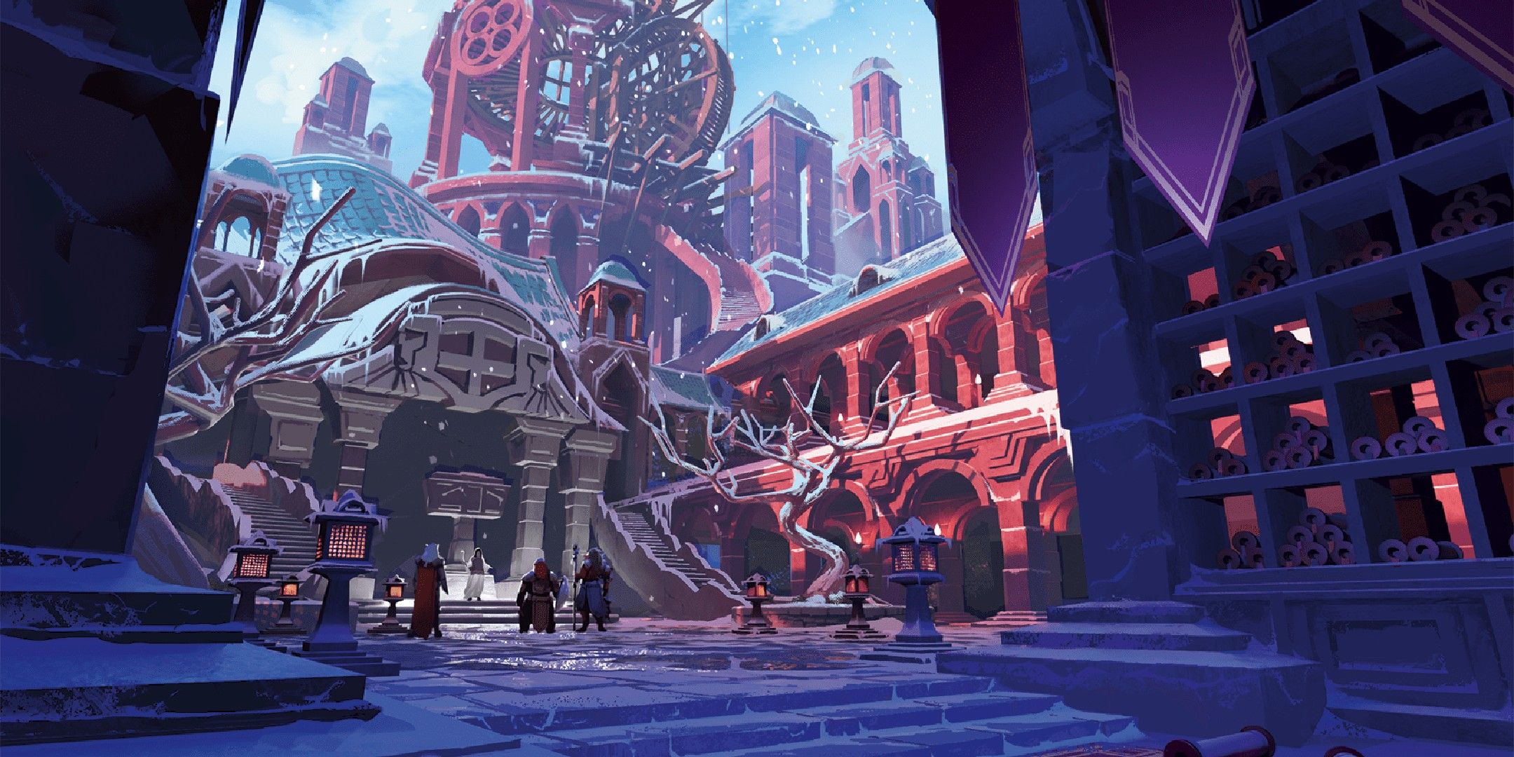 Dungeons & Dragons image showing a group of adventurers at a high level bastion.