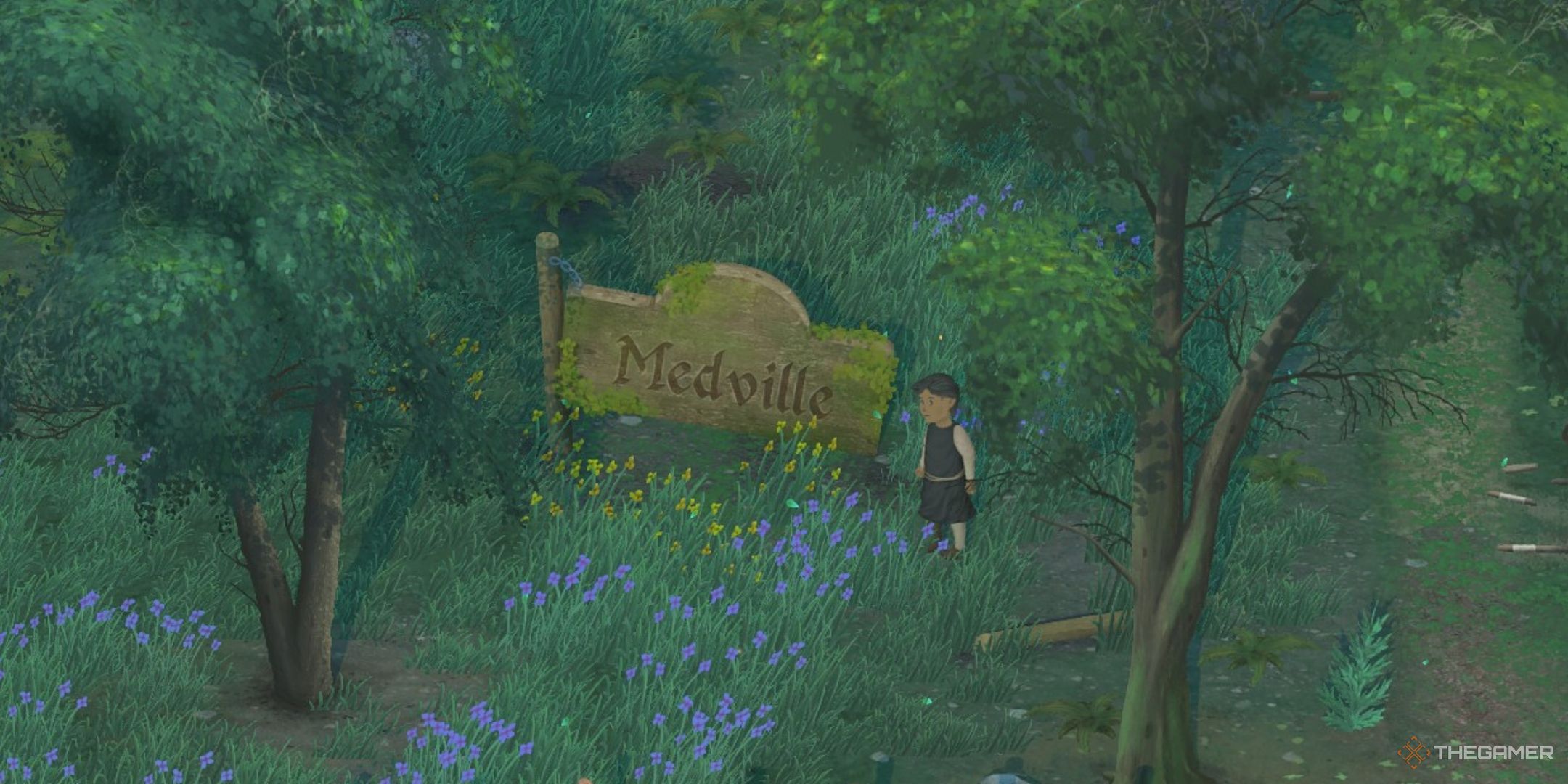 Player next to a broken sign saying Medville, in Mirthwood.