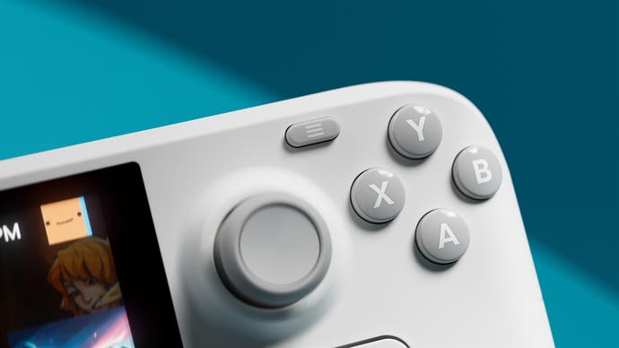 Promotional photo of the Steam Deck OLED: White Edition showing a close-up of its face buttons and right analog stick.