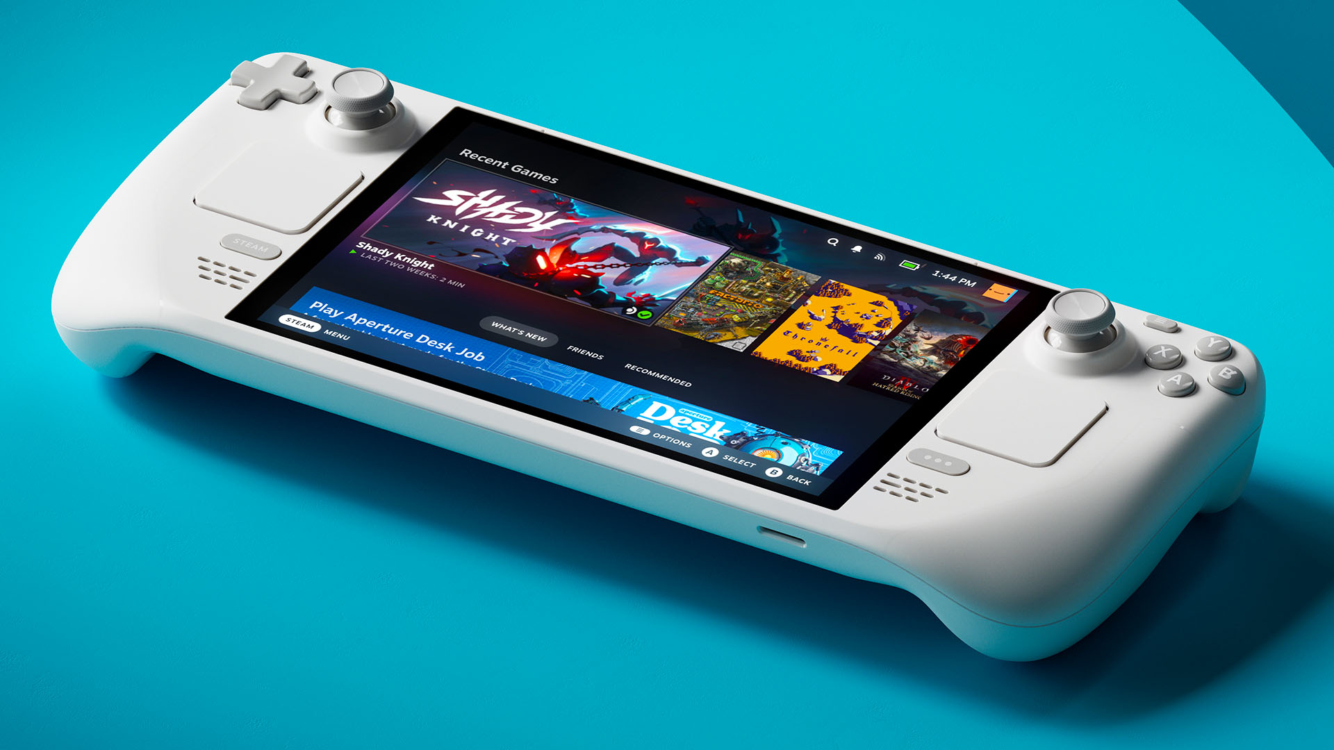 White Steam Deck OLED gaming handheld at an angle.