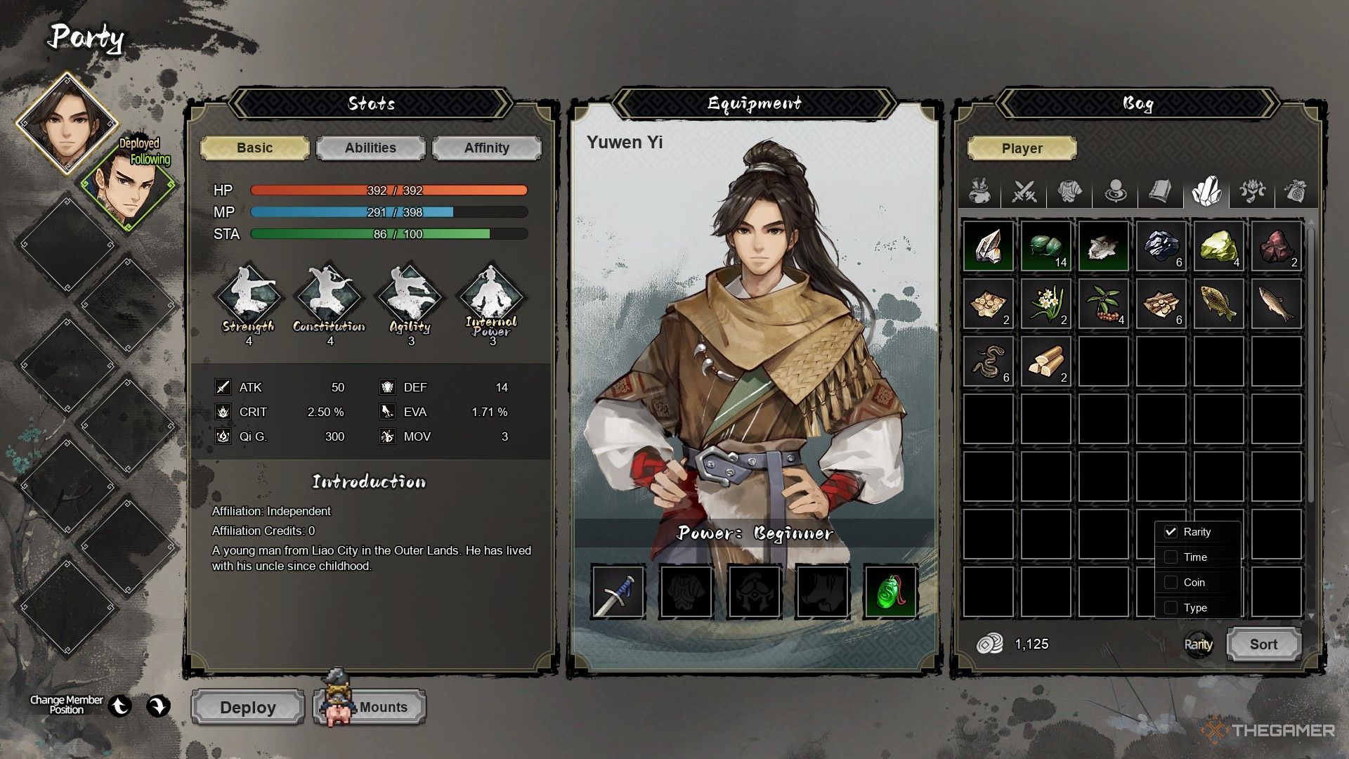 The image shows Yuwen Yi's inventory in Wandering Sword.