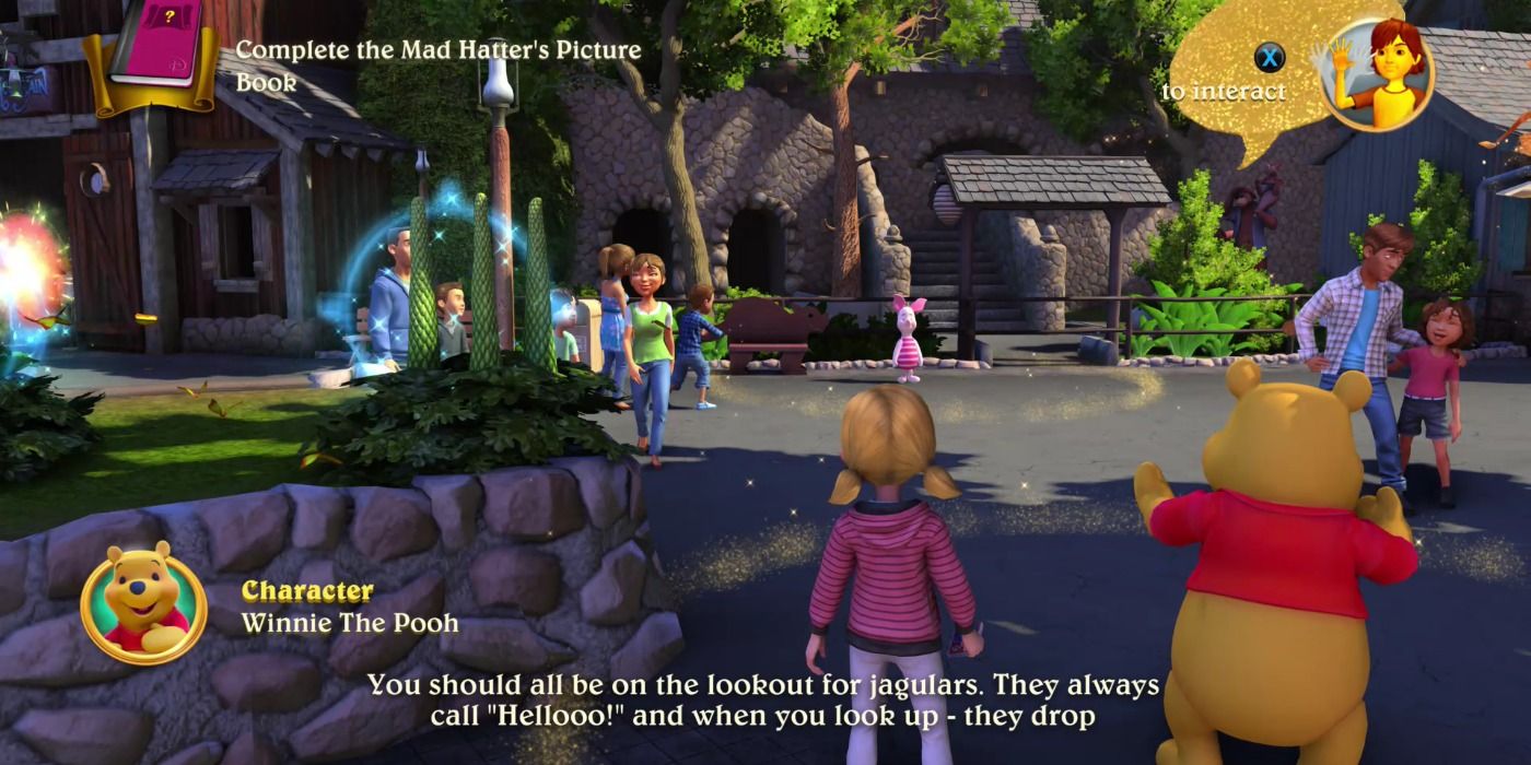 Disneyland Adventures gameplay depicting the player character walking by Winnie the Pooh.